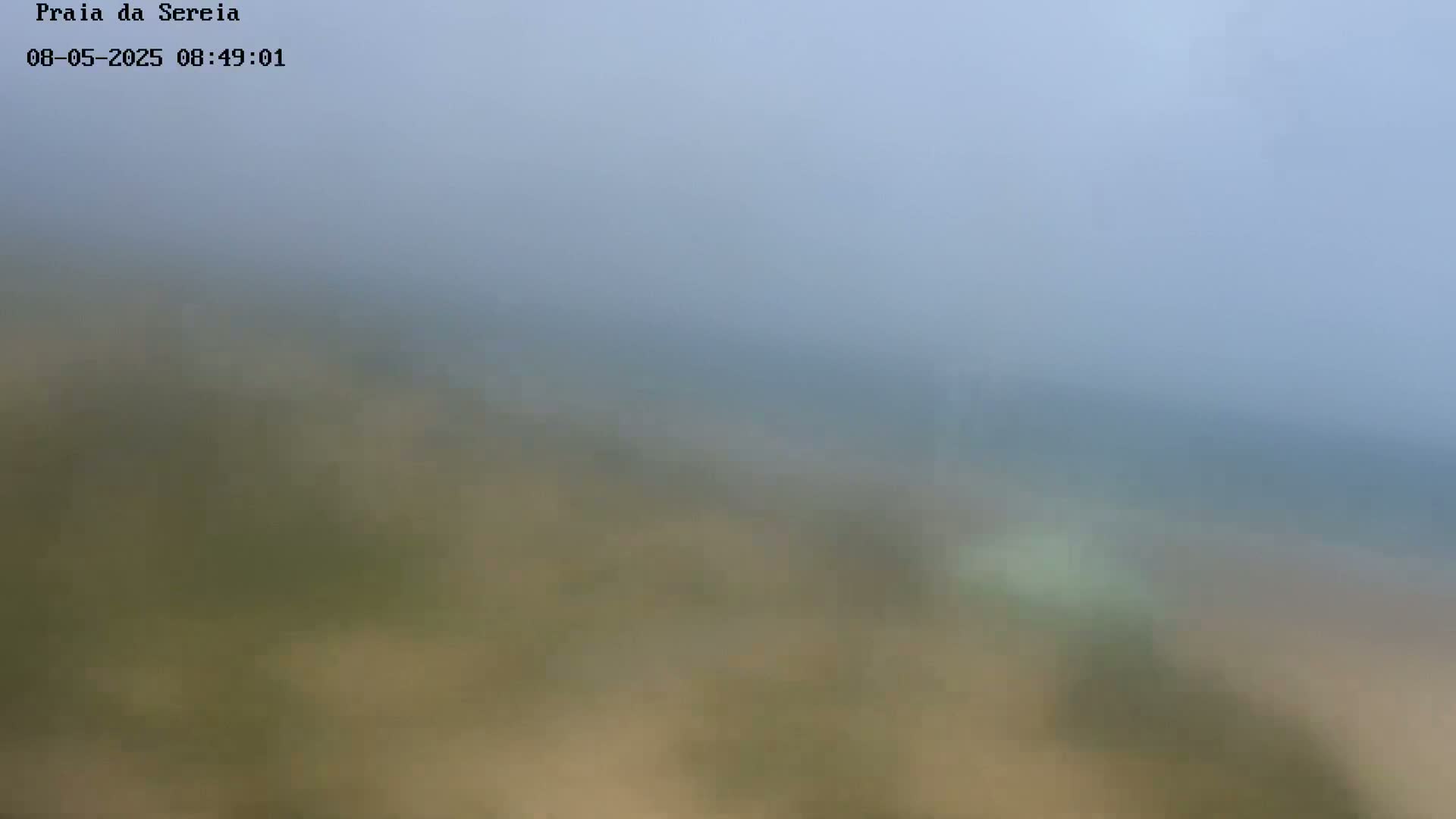 A hazy, blurry view of a beach and ocean on an overcast day.