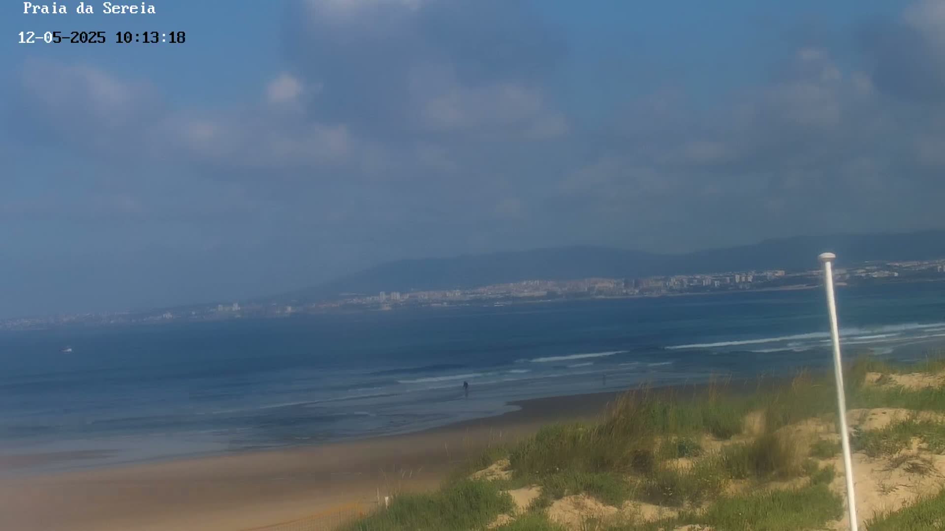A sandy beach with small waves and a distant city skyline under a partly cloudy sky.