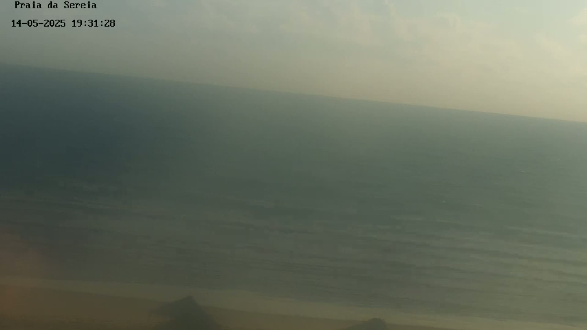 A hazy view shows a calm ocean meeting a sandy beach under a muted sky.