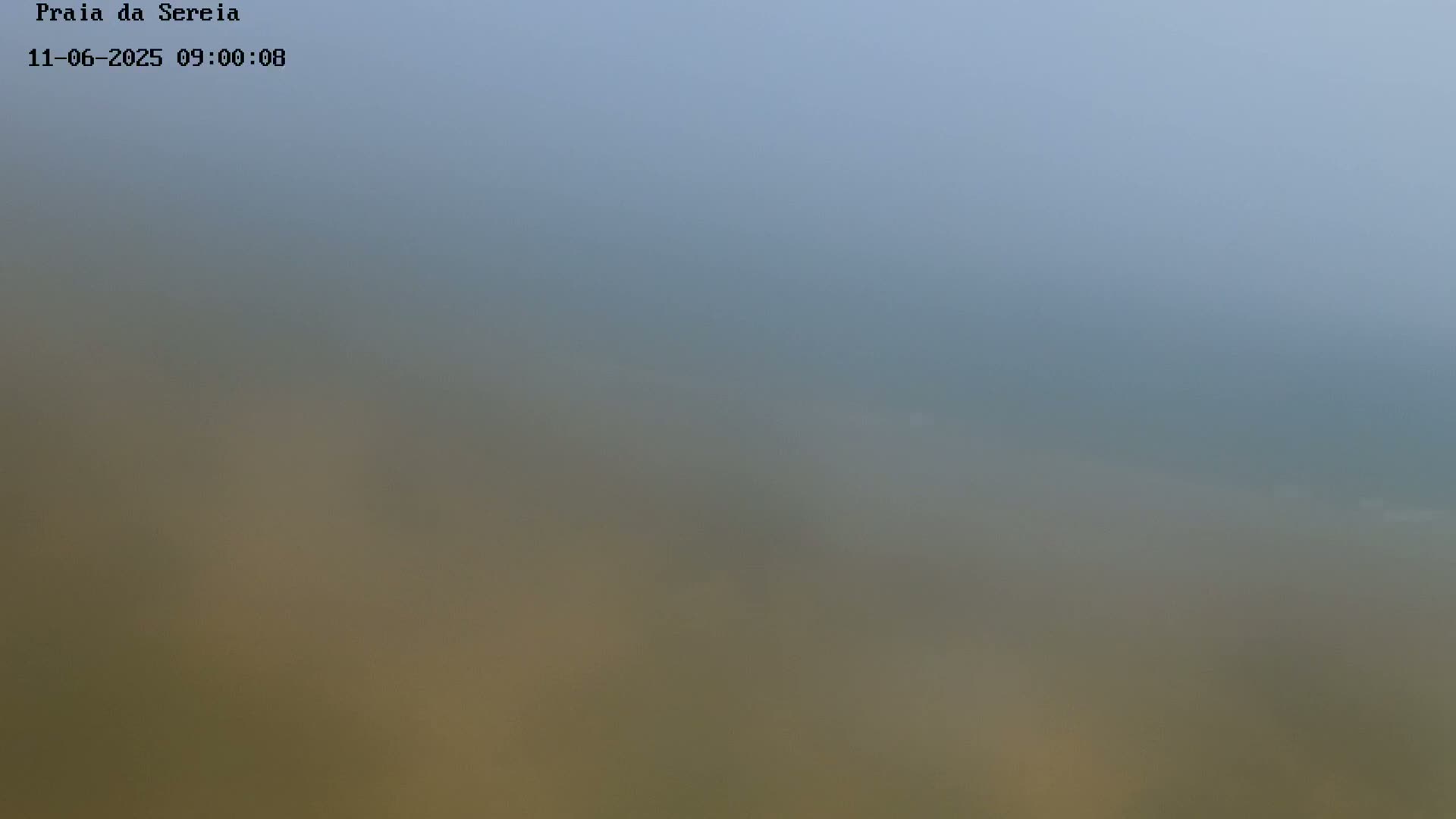 A hazy, blurry view of a beach and ocean under a foggy sky.