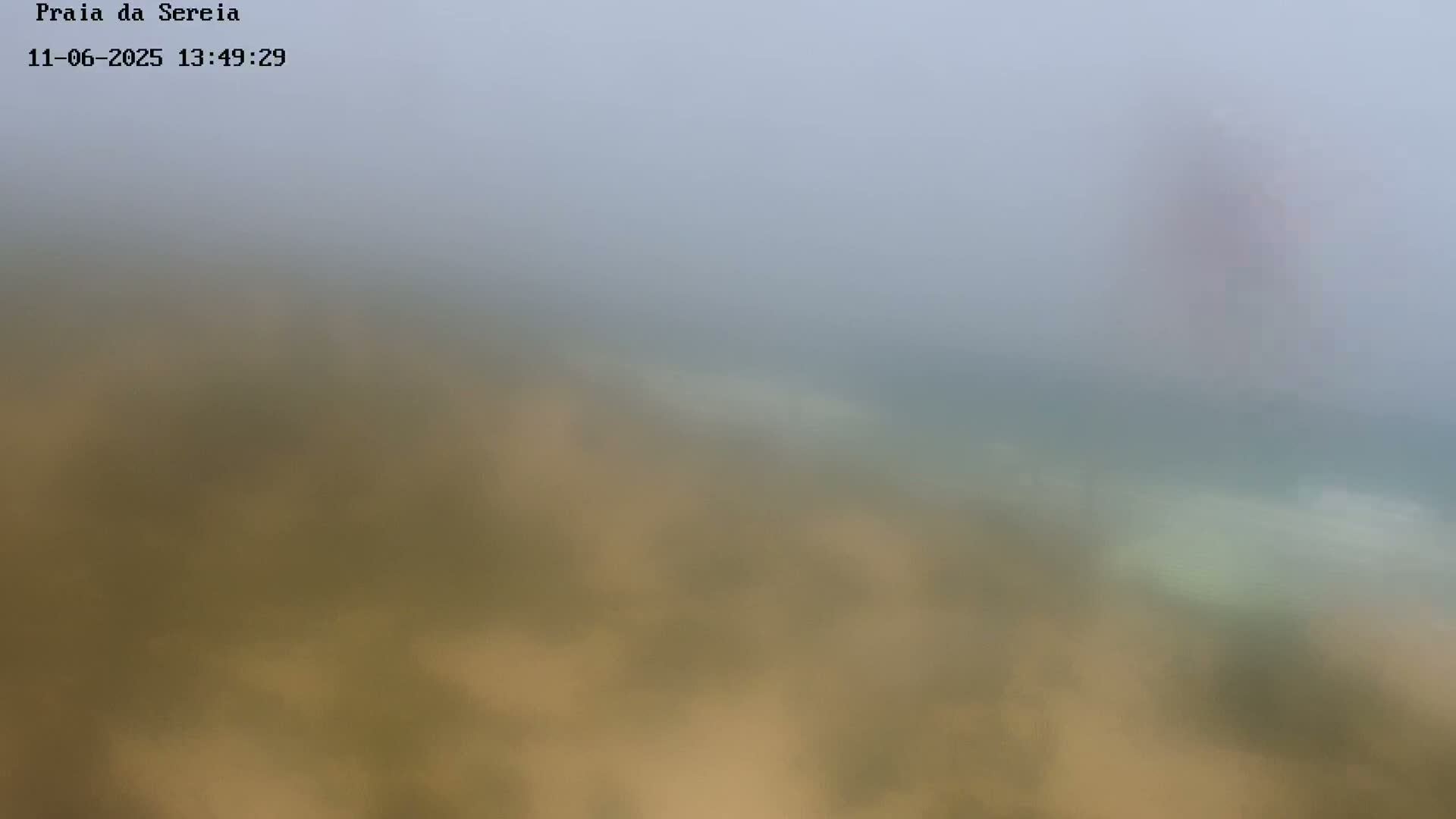 A blurry, hazy view of a sandy-colored seabed under foggy or misty conditions.