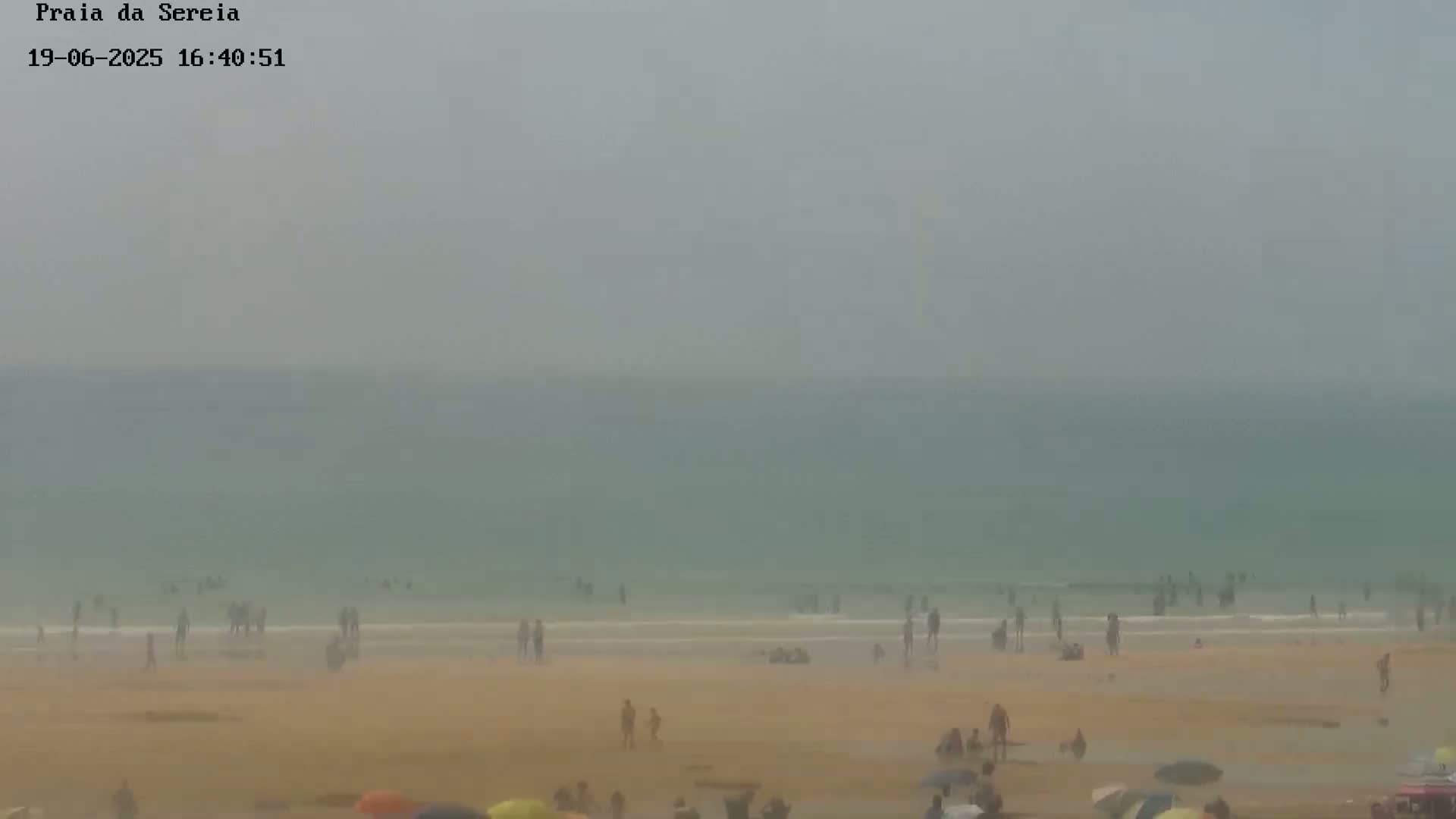 A hazy, overcast day at a beach shows a wide sandy shore with scattered people and umbrellas, and a calm, teal ocean in the distance.