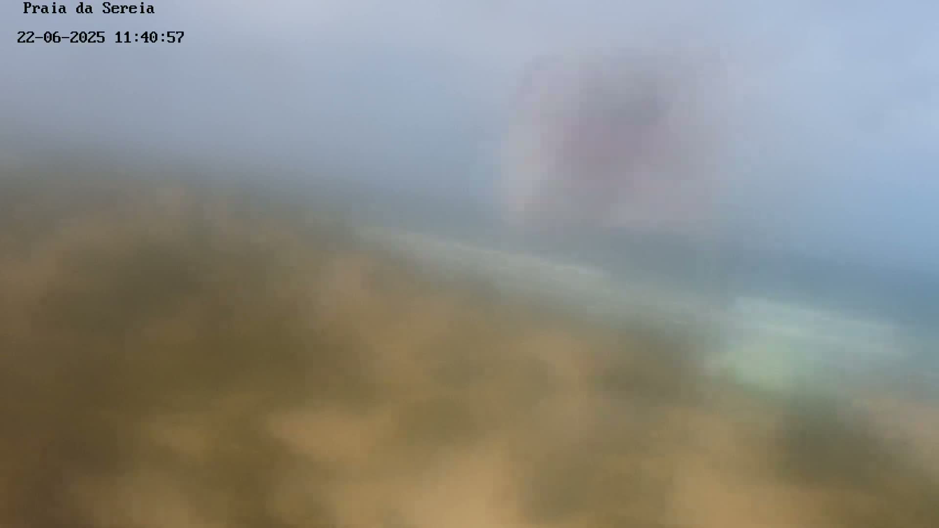 A hazy, blurry image shows a sandy beach and ocean under an overcast sky.