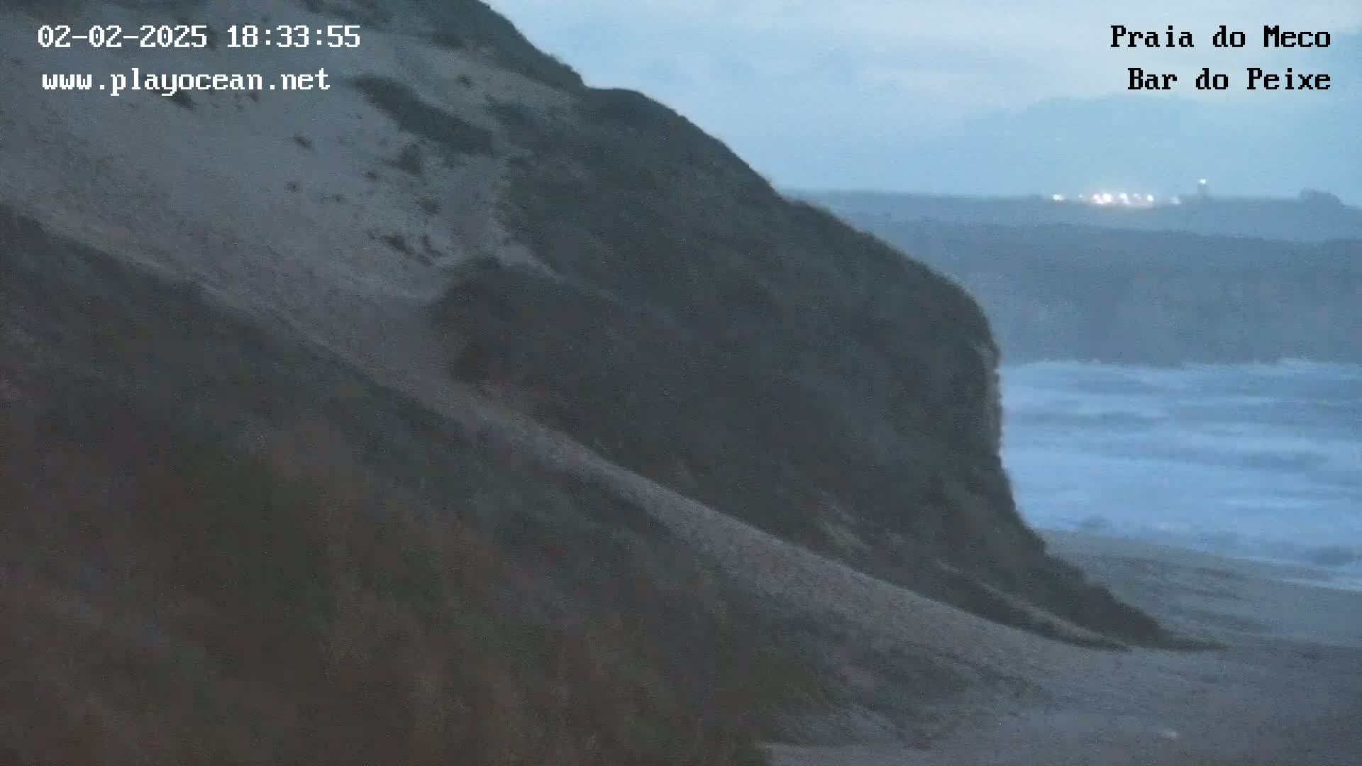 A dark, sandy cliff descends to a beach beside a dark, wavy ocean under an overcast sky.