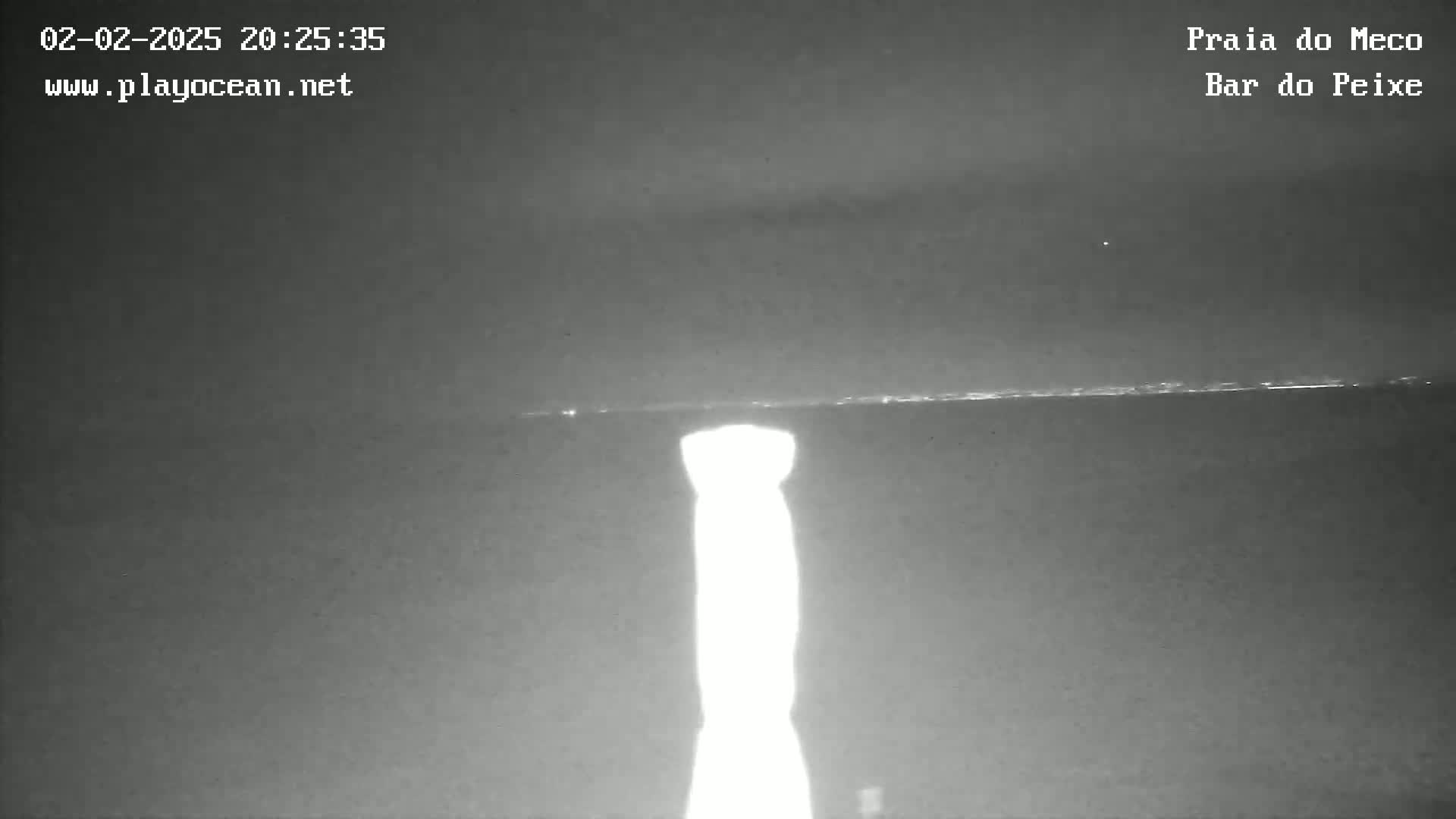 A nighttime, low-light image shows a bright, vertical light source in the foreground with a dark ocean and a faint horizon line in the background.