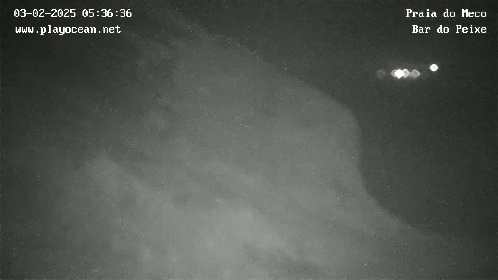 A nighttime, low-light image shows a dark, blurry coastal scene with a few faint lights visible in the distance.