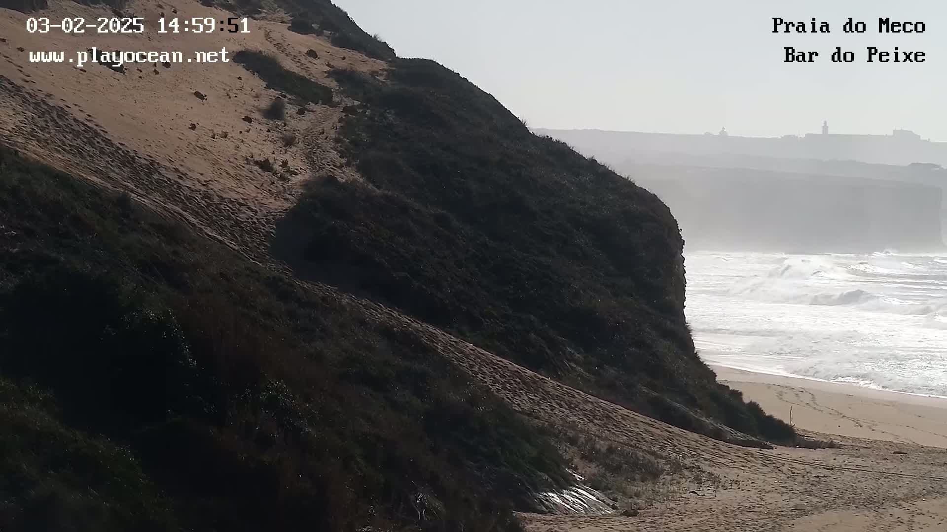 A sandy, vegetated dune slopes down to a beach where moderately sized waves crash on the shore under hazy conditions.