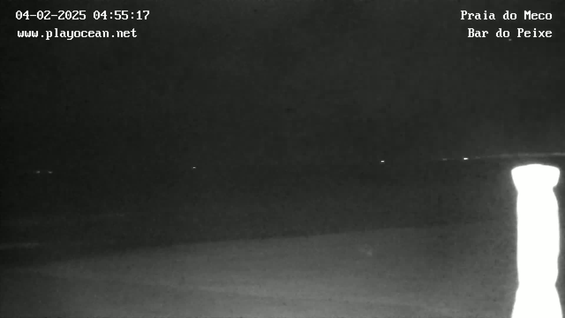 A nighttime, low-light image shows a dark beach and ocean under a clear sky, with a bright, indistinct object in the lower right corner.