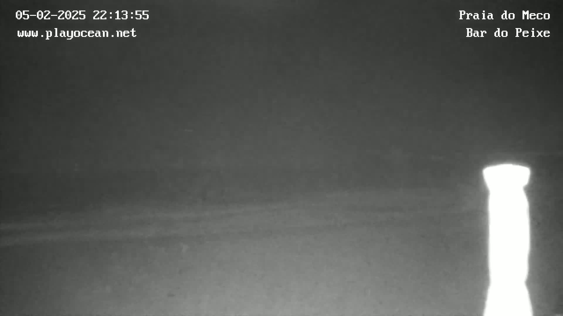 A nighttime, low-light image shows a dark beach with a bright, indistinct object in the lower right corner.