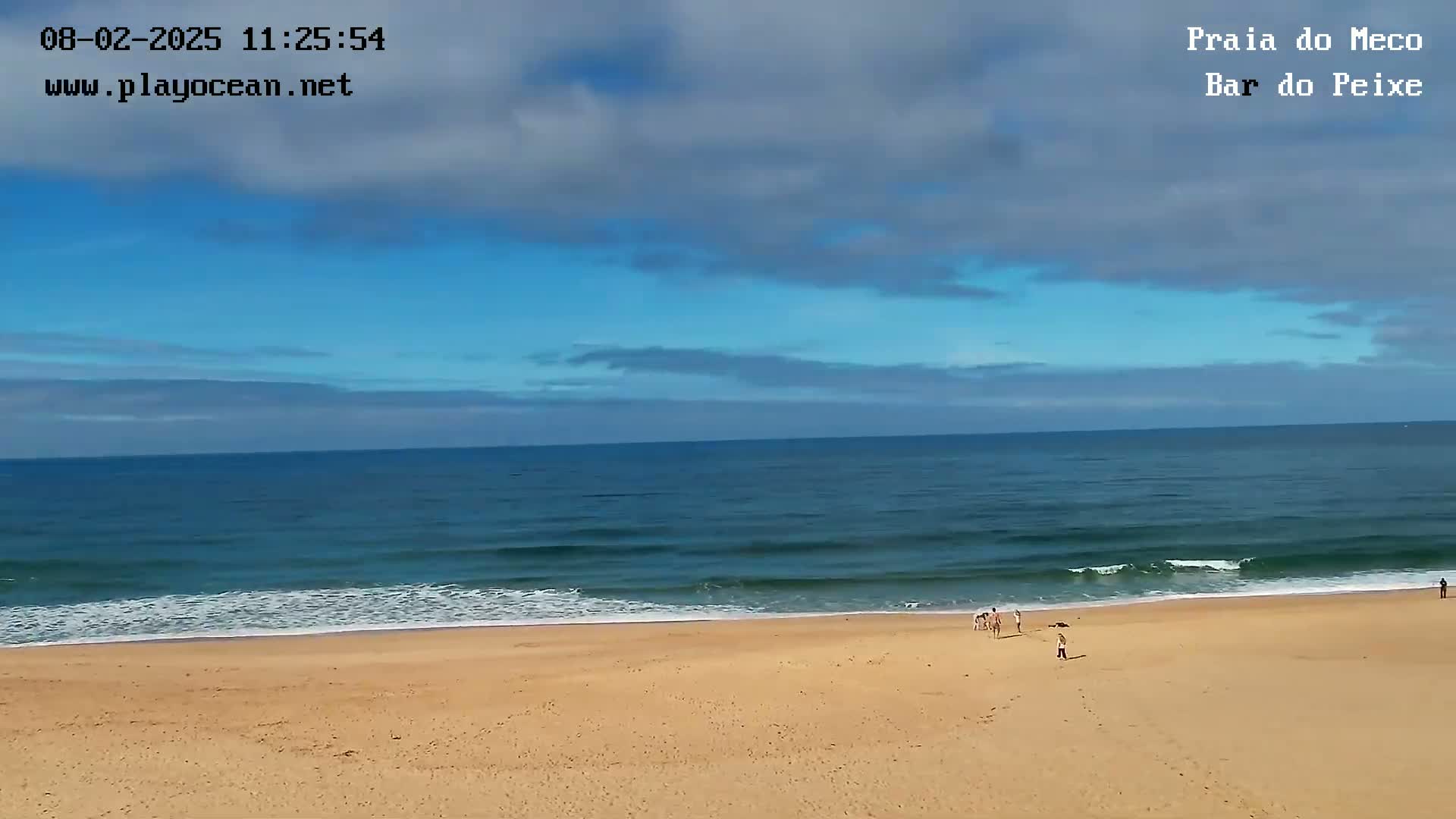 A mostly sunny day at a sandy beach shows a calm ocean with several people near the water's edge.