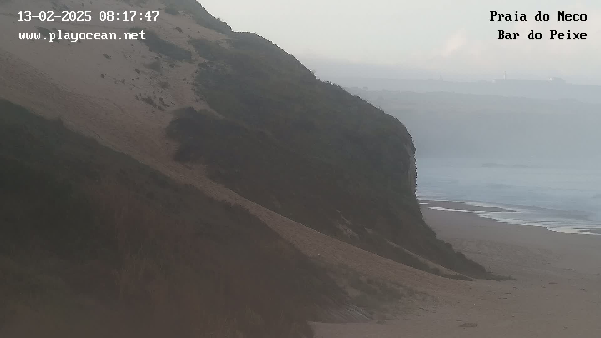 A hazy, overcast day reveals a sandy cliff overlooking a beach and ocean with gentle waves.