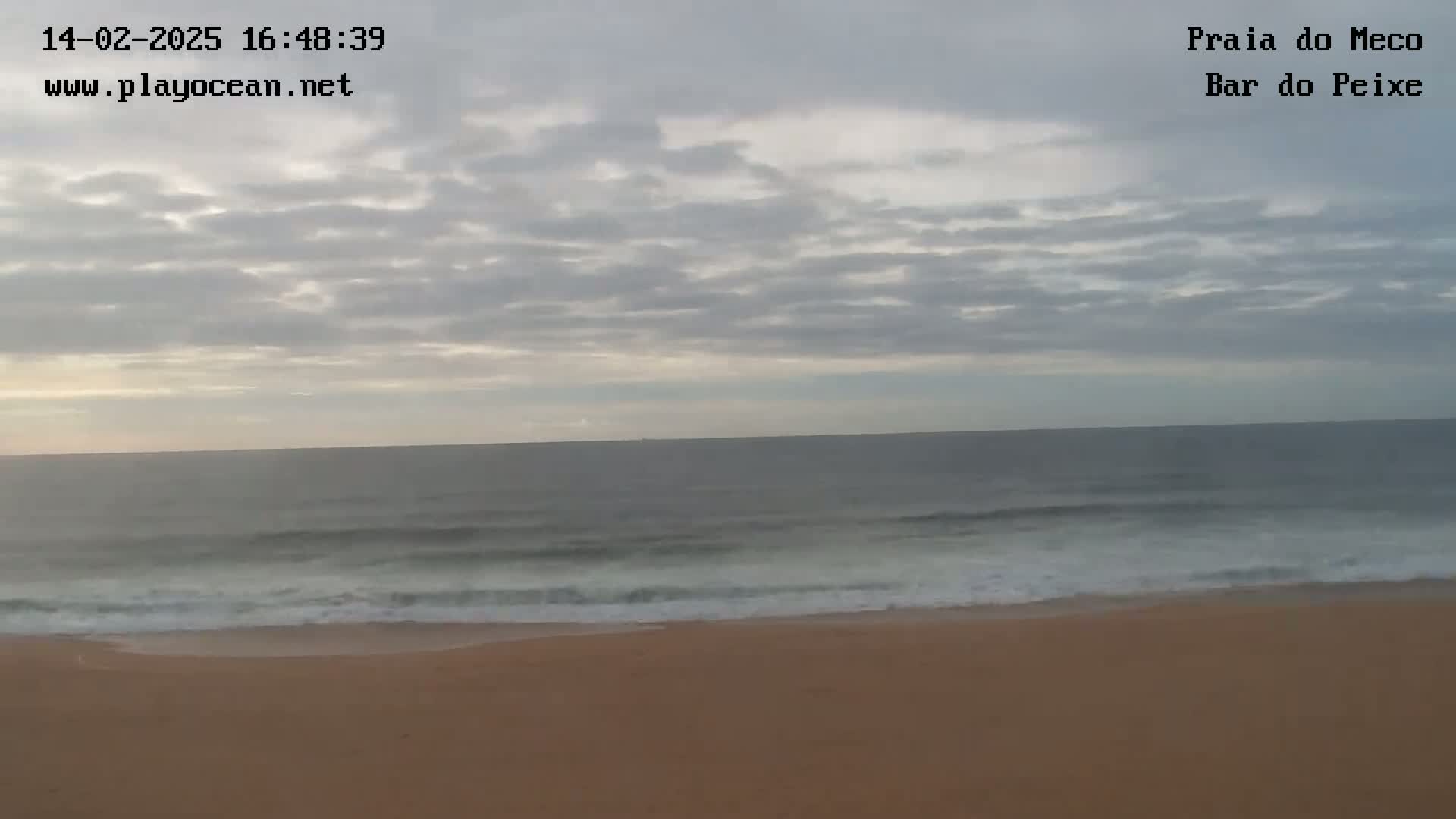 A sandy beach meets a calm ocean under a mostly cloudy sky.
