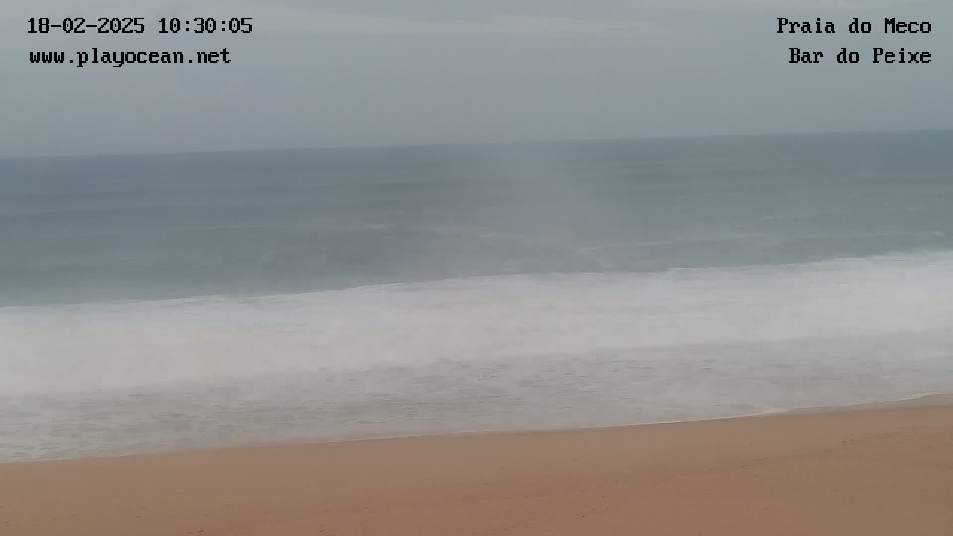 A sandy beach meets a gray, overcast ocean with small waves breaking on the shore.