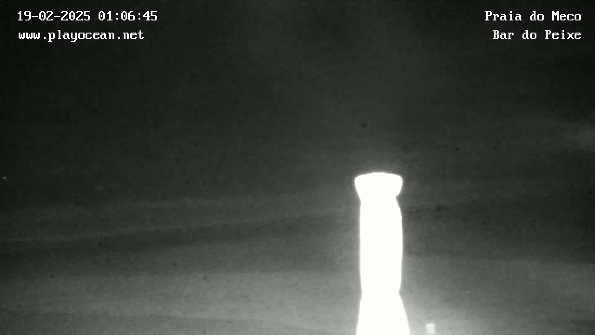 A bright, tall, thin object stands out against a dark, nighttime beach scene.