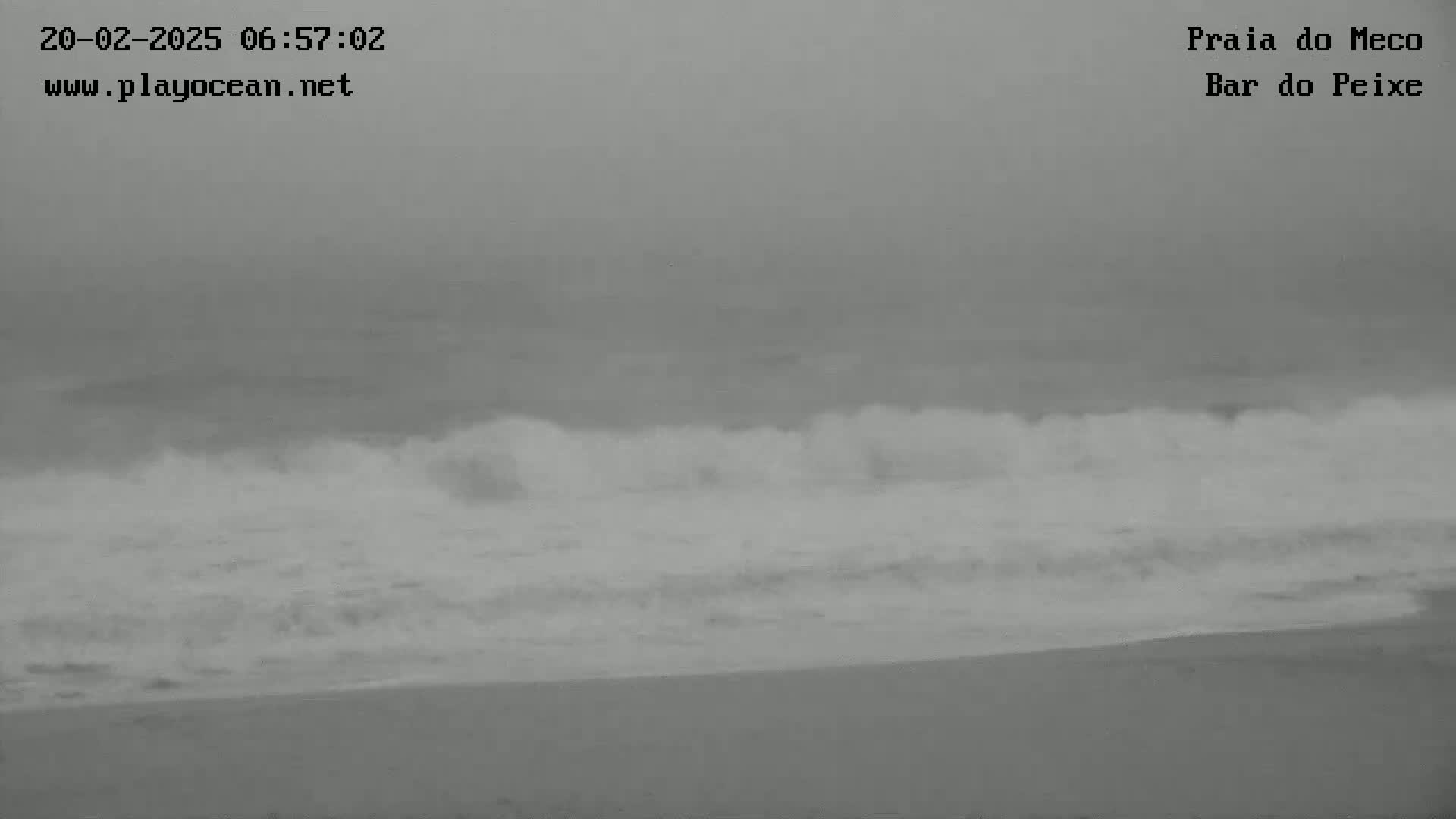 A grayscale image shows large waves crashing on a beach on an overcast day.