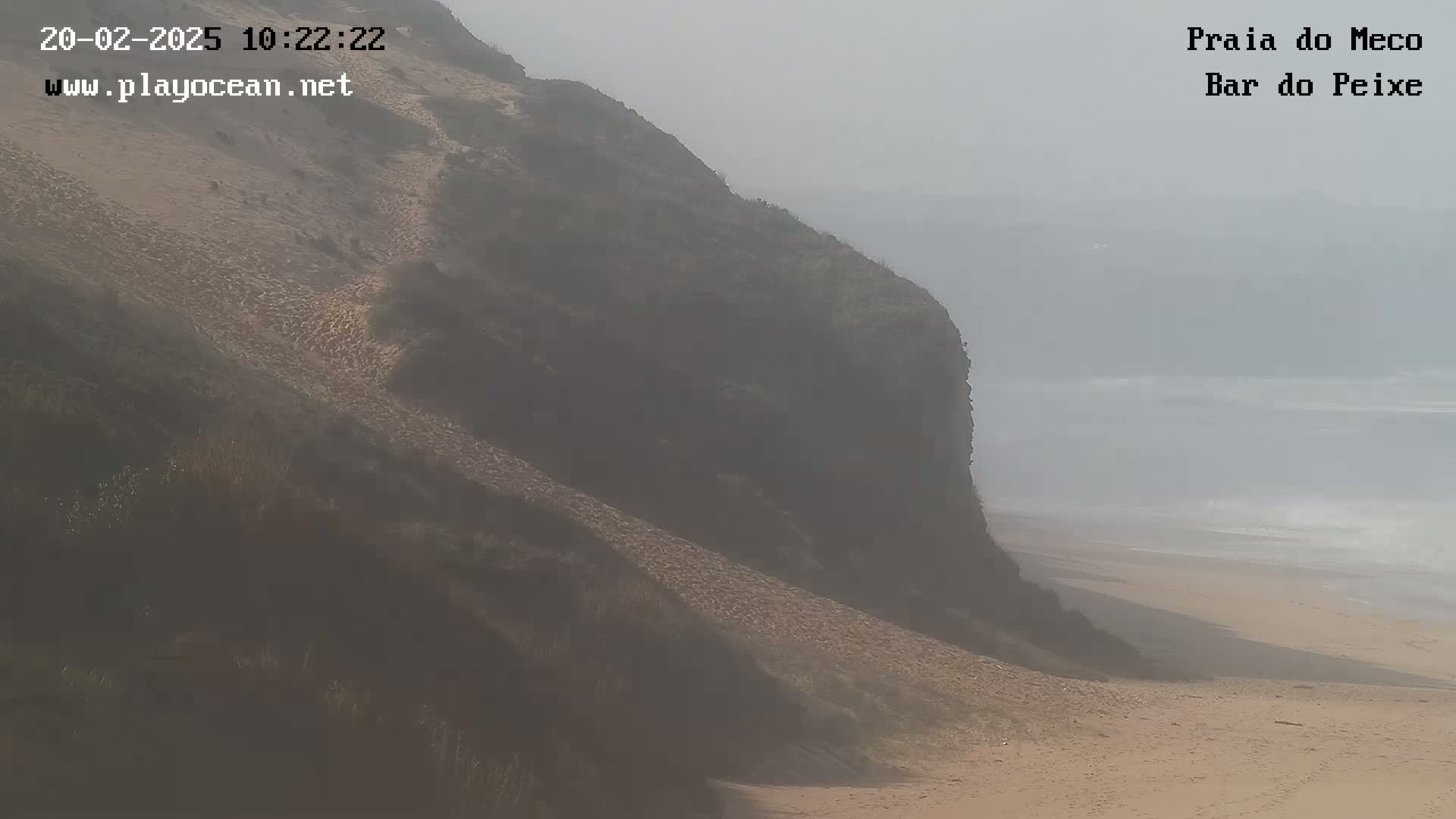 A sandy beach and a cliff are shrouded in fog, with a faint ocean visible in the background.