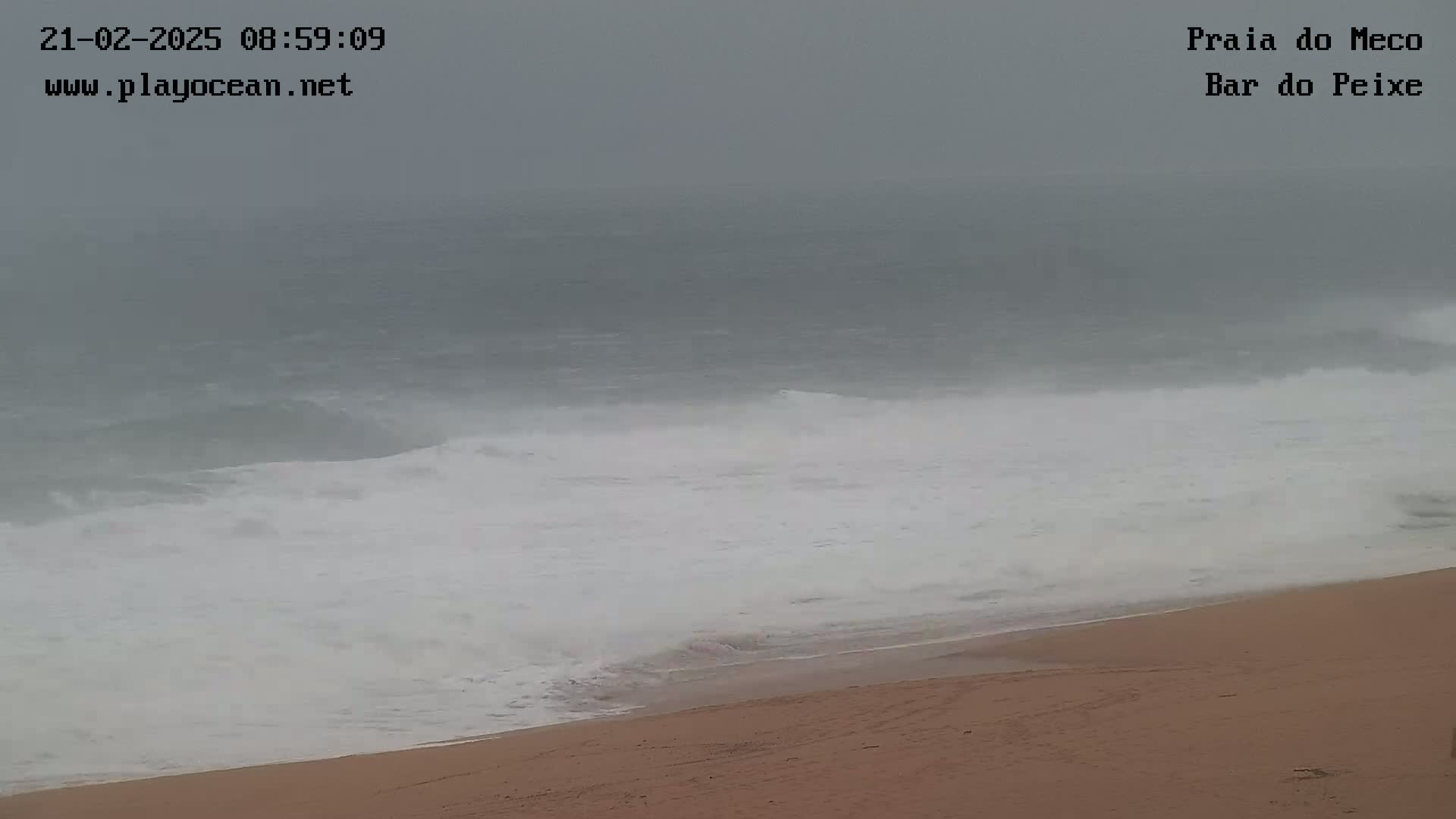 A sandy beach meets a gray, overcast ocean with white-capped waves rolling onto the shore.