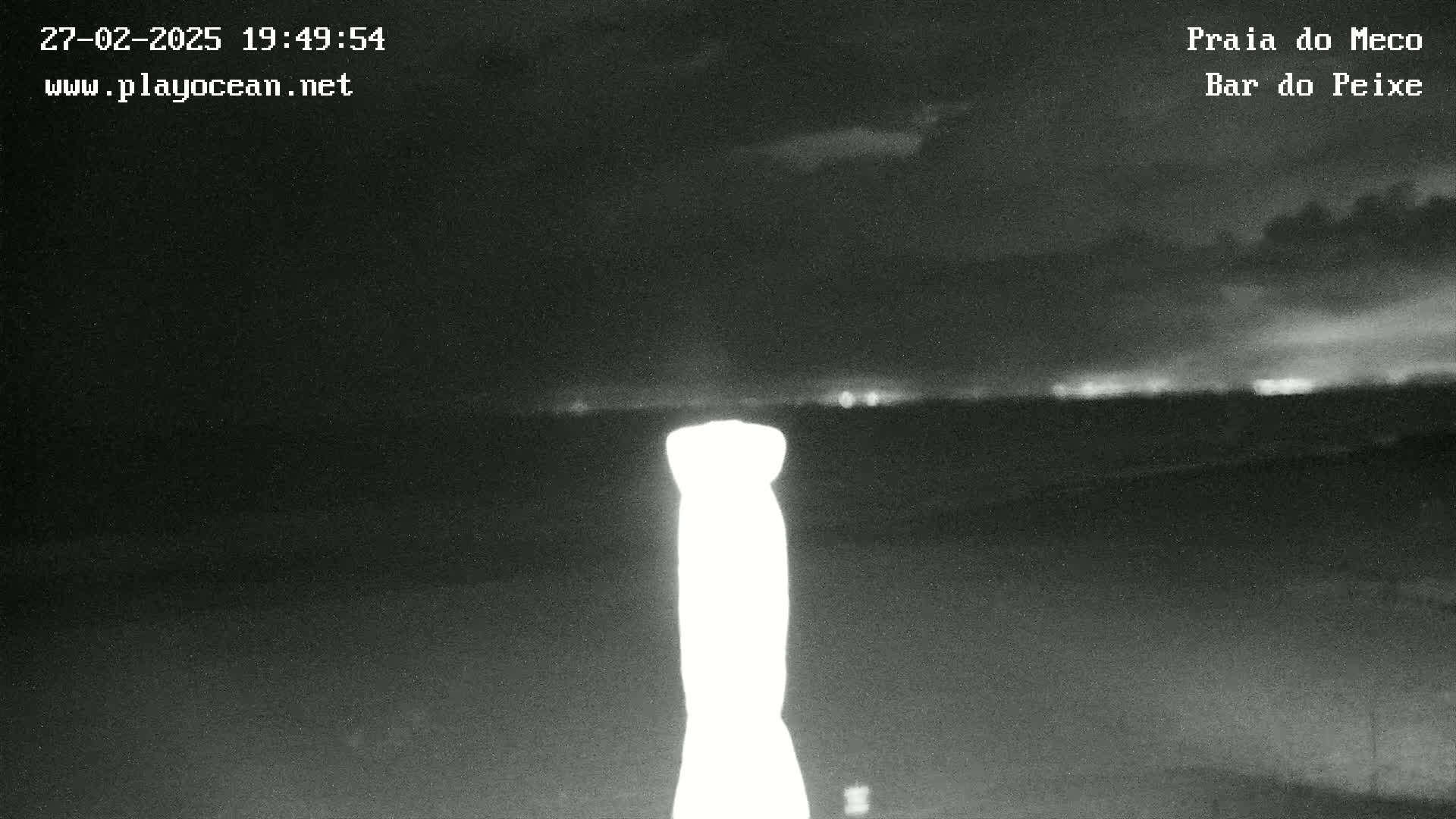 A bright, tall, slender object is in the foreground against a dark, nighttime landscape with a faint horizon line showing distant lights under a cloudy sky.
