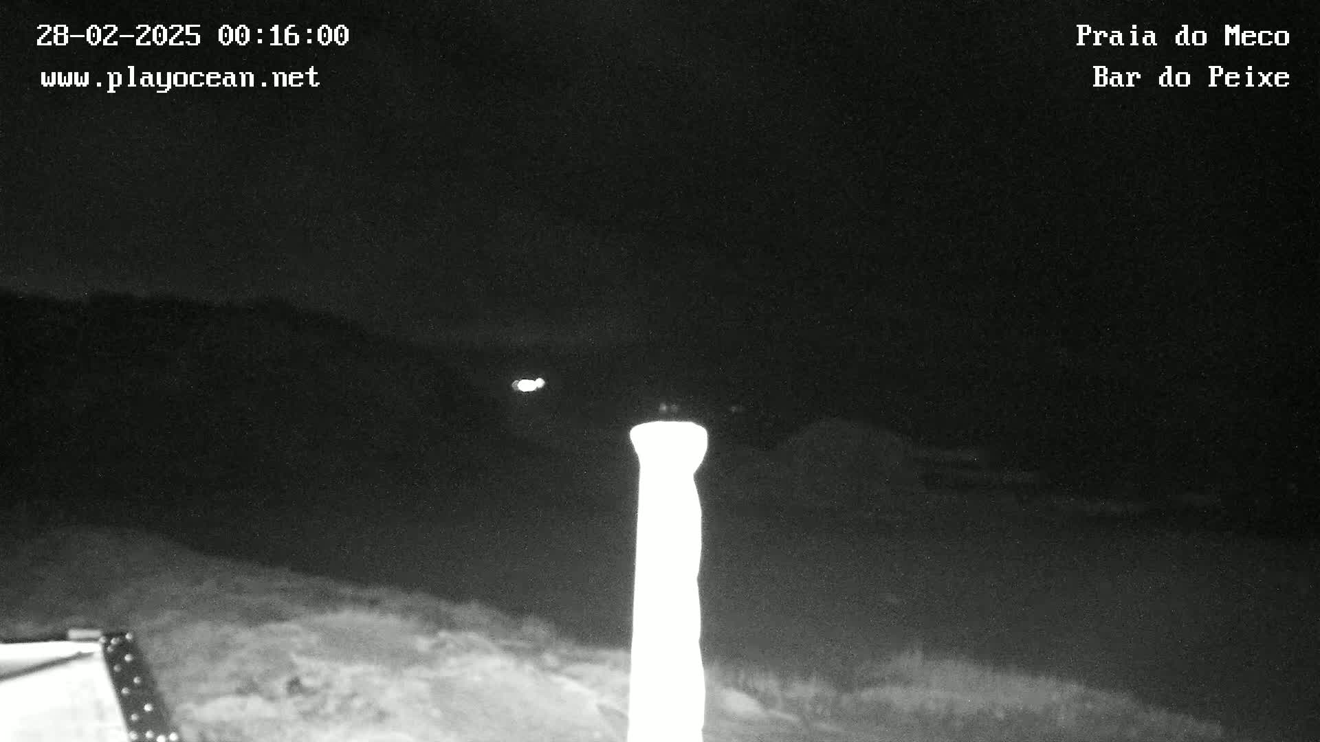 A nighttime, low-light grayscale image shows a tall, bright, vertical object in the center, with a dark landscape and distant faint lights under a mostly clear sky.