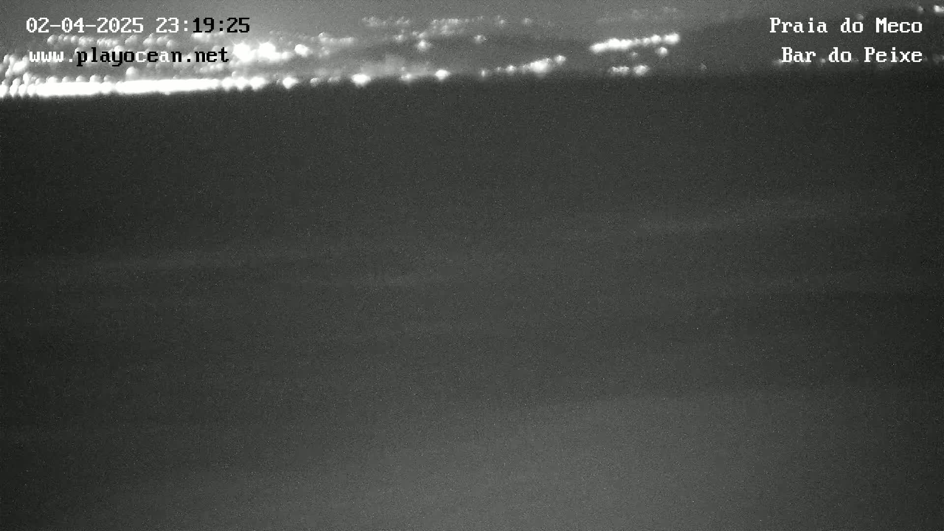 A nighttime, low-light image shows a dark body of water under a cloudy sky with distant lights visible on the horizon.