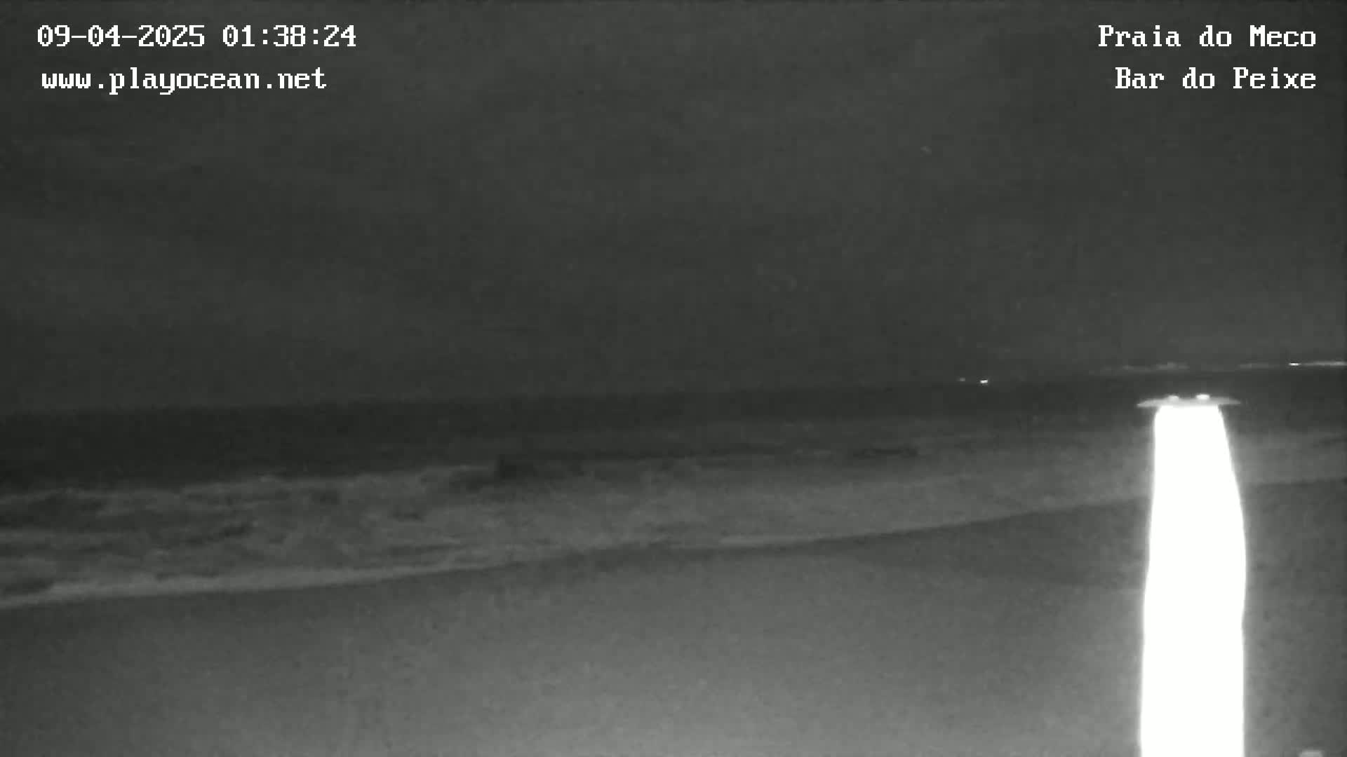 A dark, nighttime beach scene shows gentle waves lapping at the shore under a clear sky.