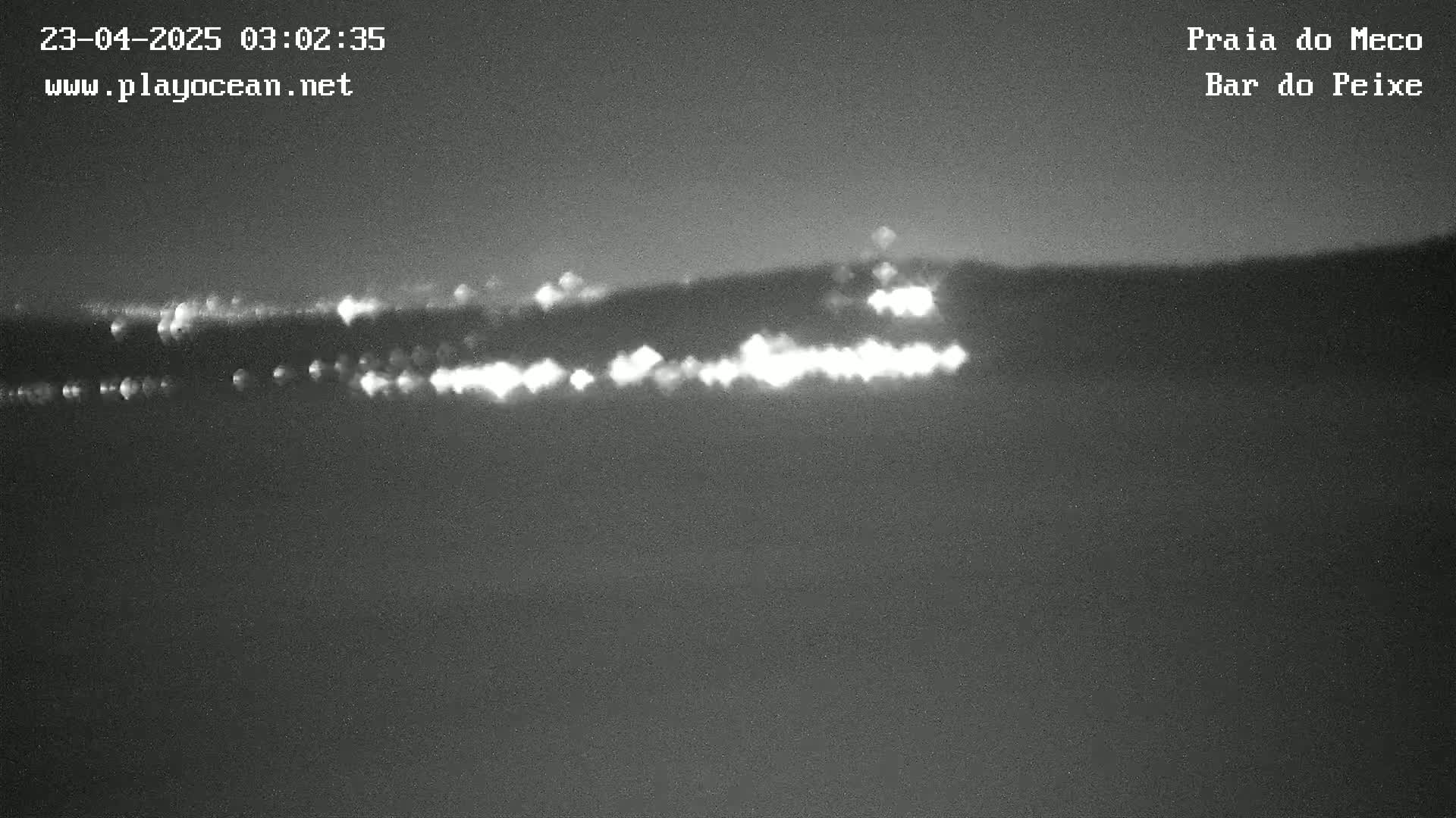 A nighttime, low-light image shows a line of distant lights across a dark body of water.