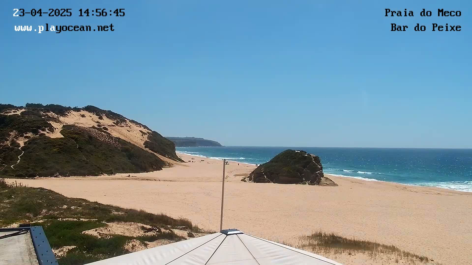 A sandy beach with a few people on it is nestled between a green, sandy cliff and a calm, blue ocean under a clear sky.