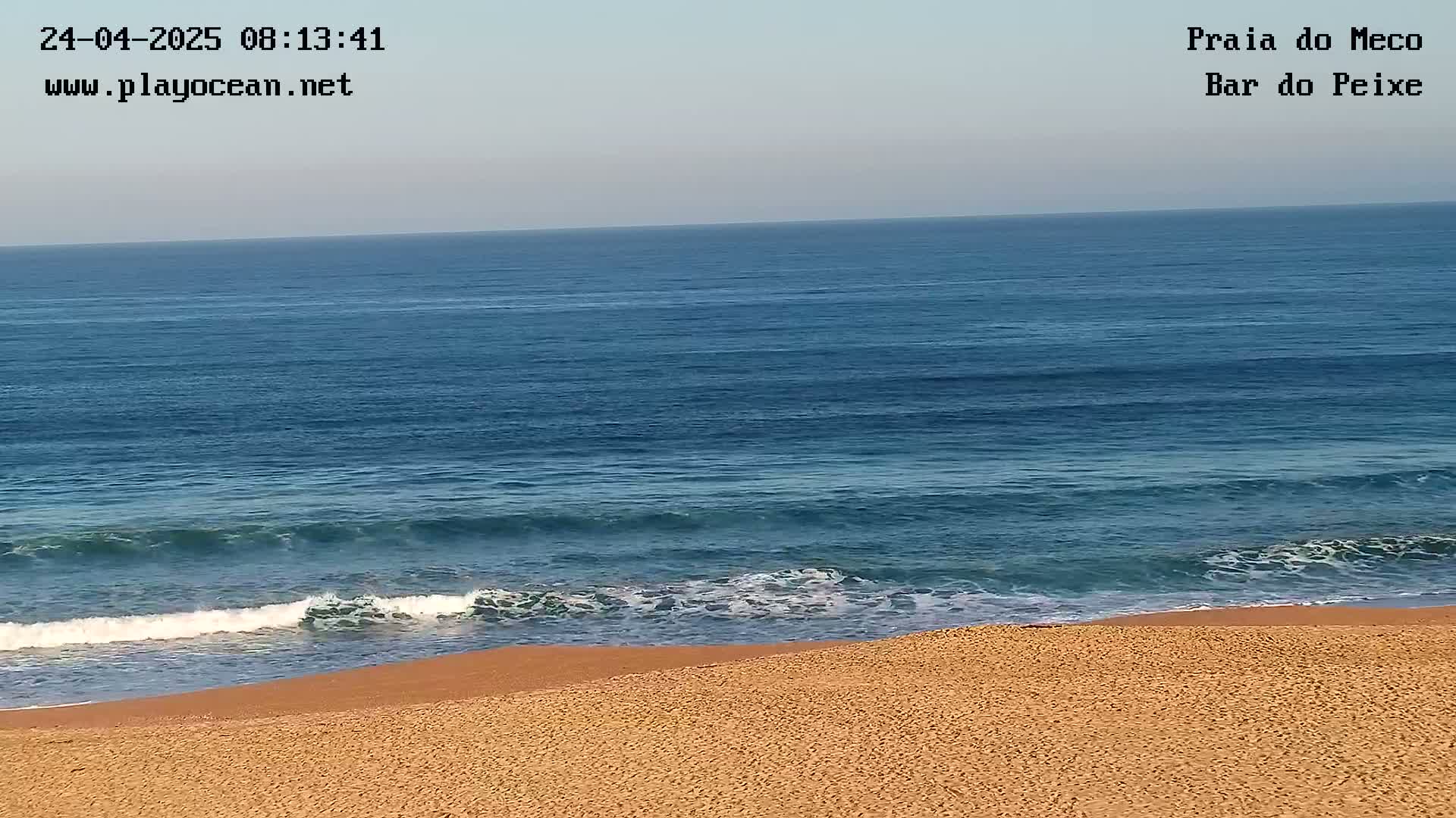 A sandy beach meets a calm, blue ocean under a clear sky.