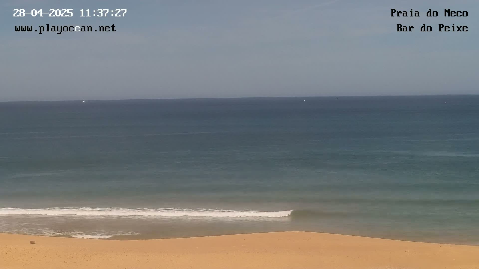 A sandy beach slopes down to a calm ocean with a single, small wave breaking near the shore under a clear sky.
