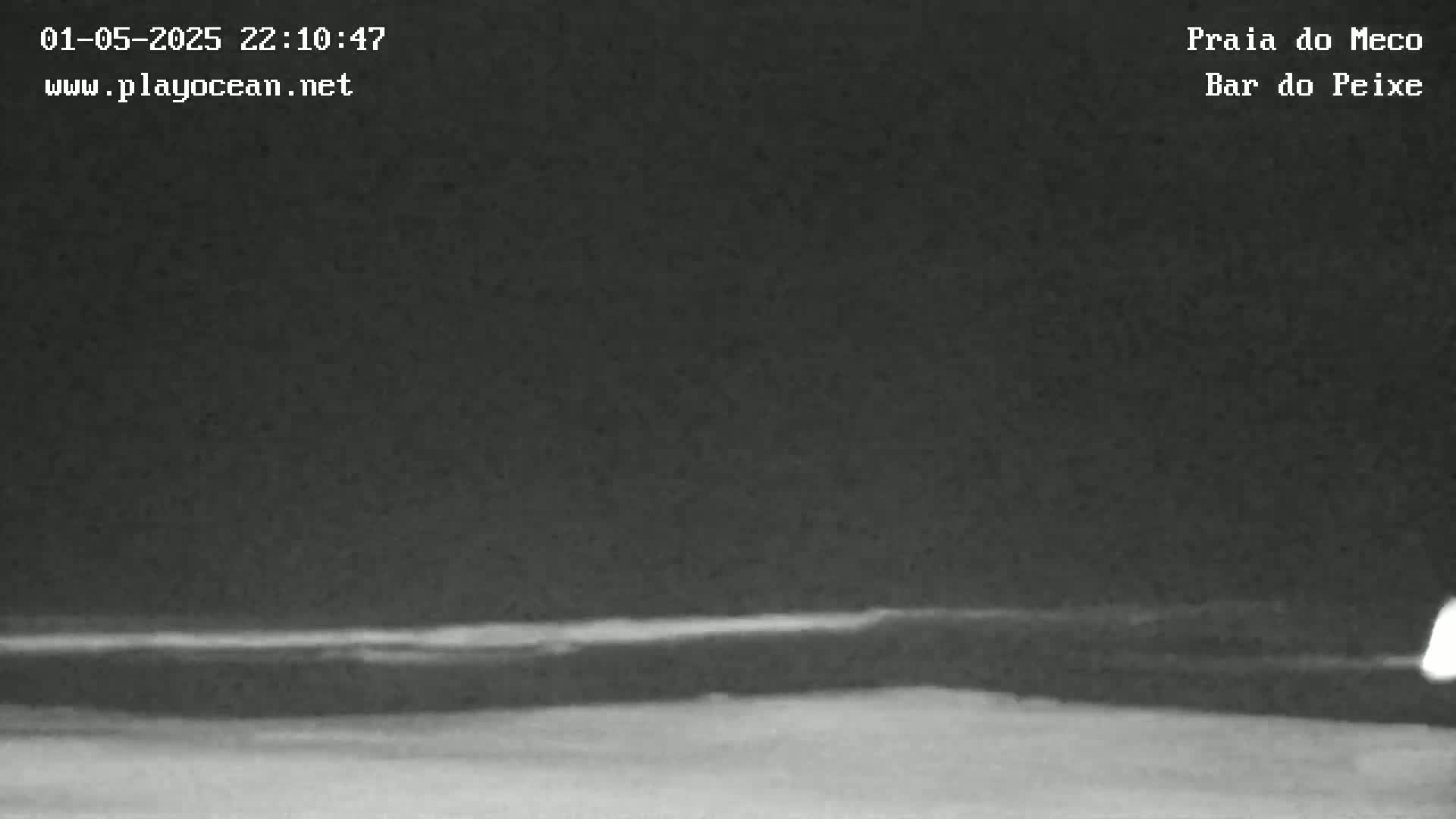 A dark, nighttime beach scene shows a dark ocean meeting a lighter colored shore.