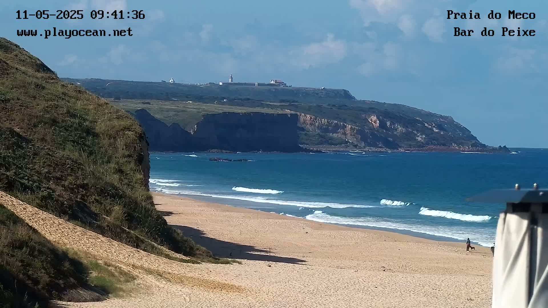 A sandy beach with small waves laps the shore under a mostly clear sky, with a person walking a dog on the beach and cliffs in the distance.