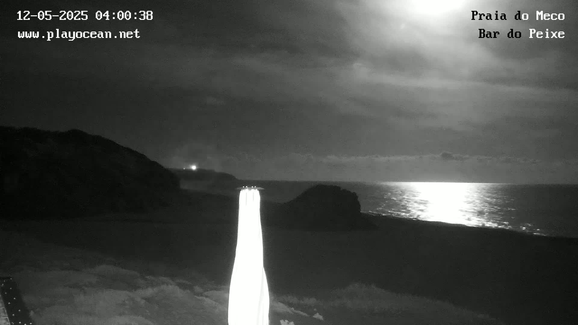 A nighttime, grayscale image shows a moonlit ocean reflecting light, a dark shoreline with a tall, bright structure, and a mostly cloudy sky.