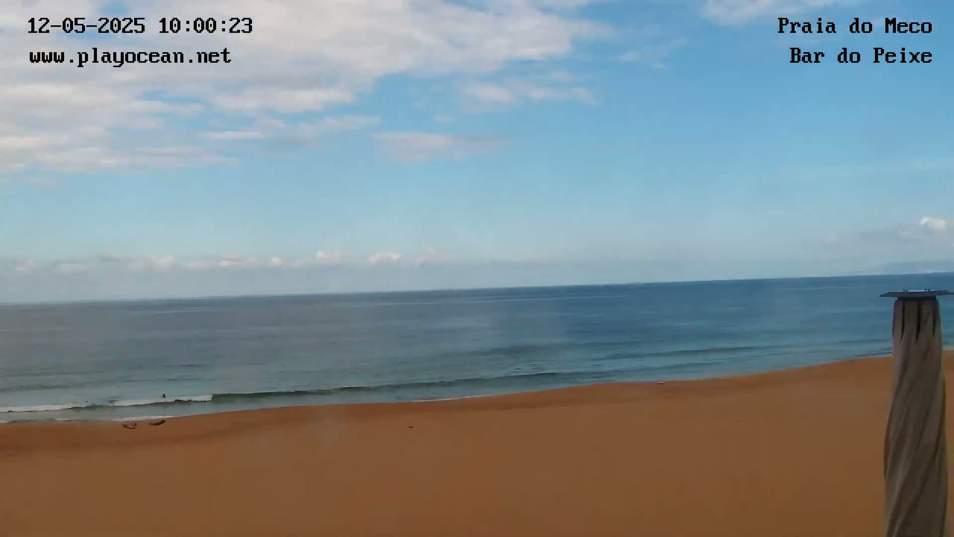 A mostly sunny day at a sandy beach with calm ocean waves and a few people visible in the distance.