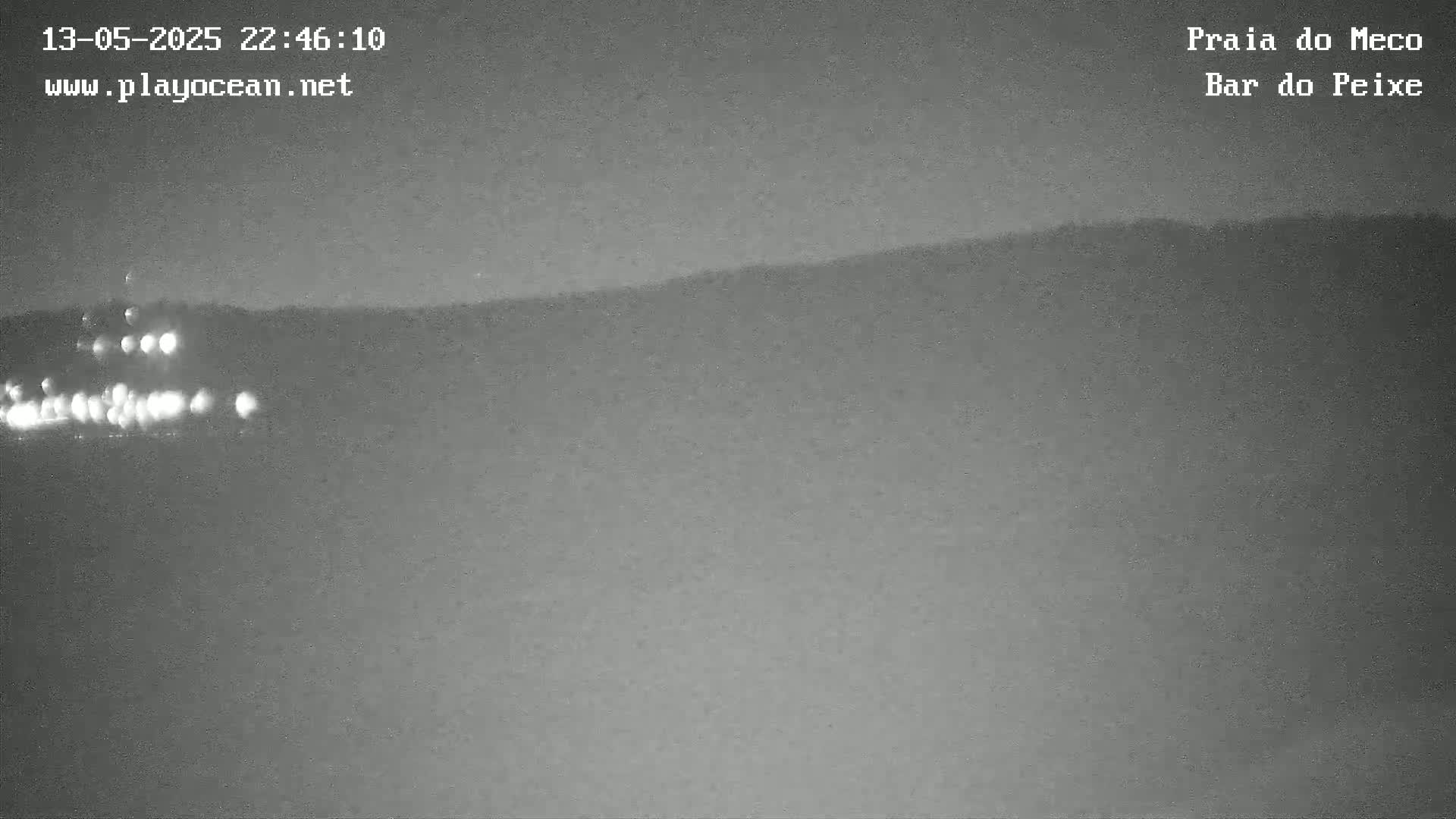 A nighttime, low-light image shows a dark, blurry landscape with a line of distant lights in the lower left corner.