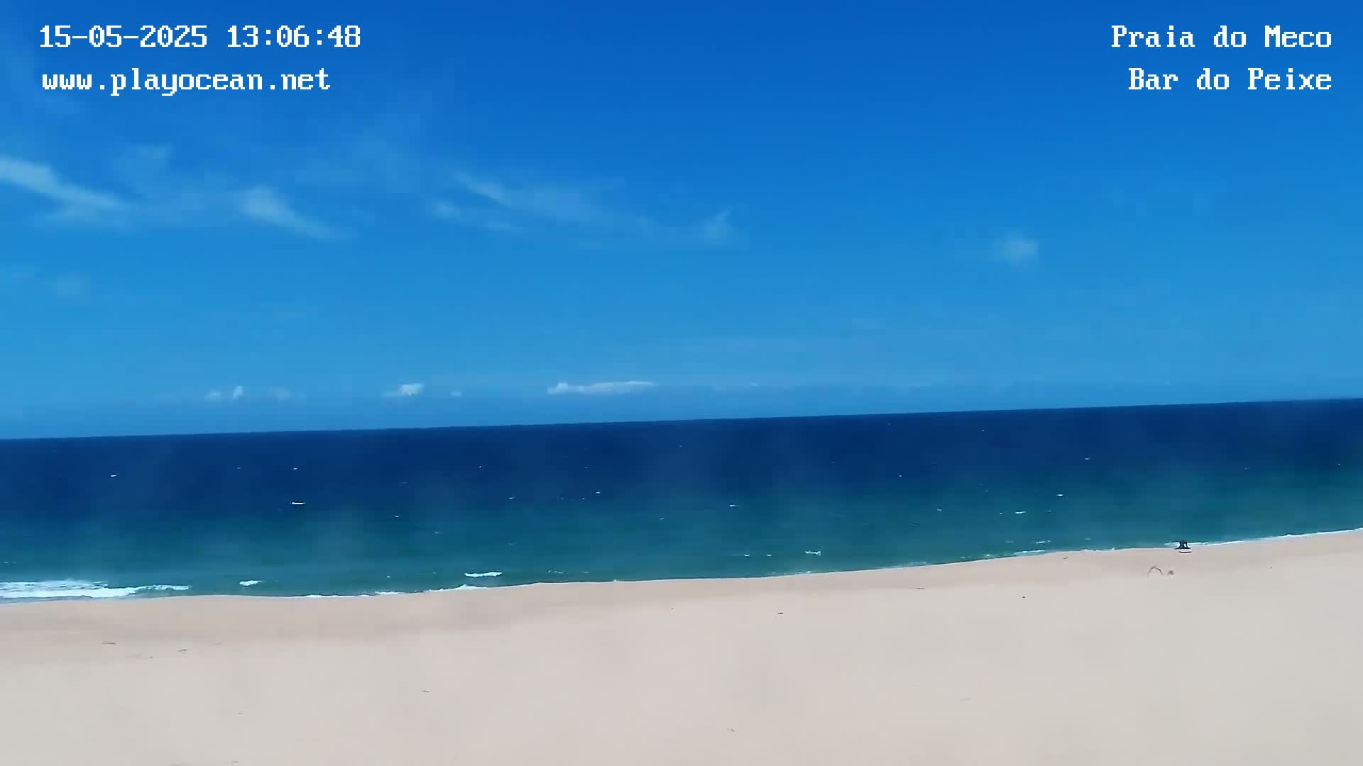 A mostly sunny day shows a long stretch of light-tan sand beach meeting a calm, teal ocean under a clear blue sky with a few small clouds.
