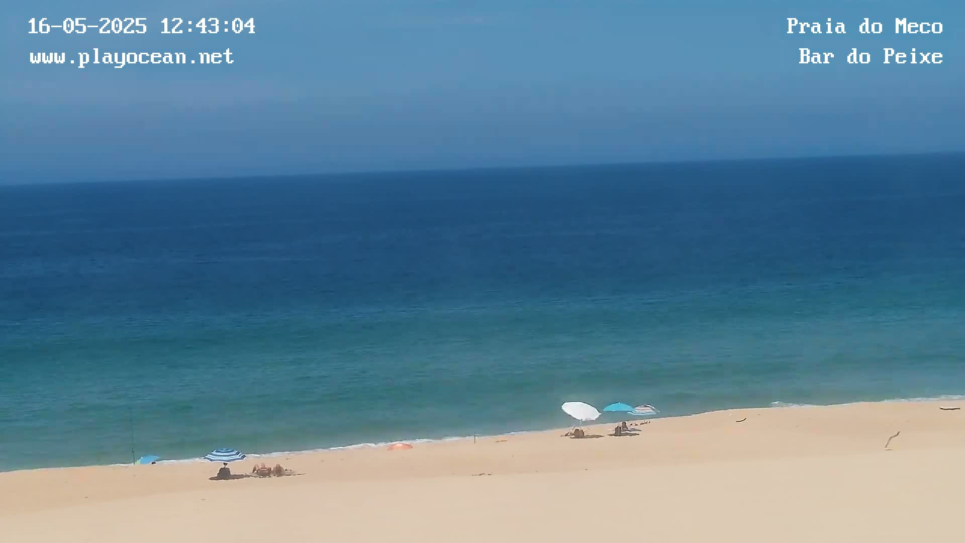 A mostly clear sky overlooks a tranquil ocean meeting a sandy beach with a few people and umbrellas.