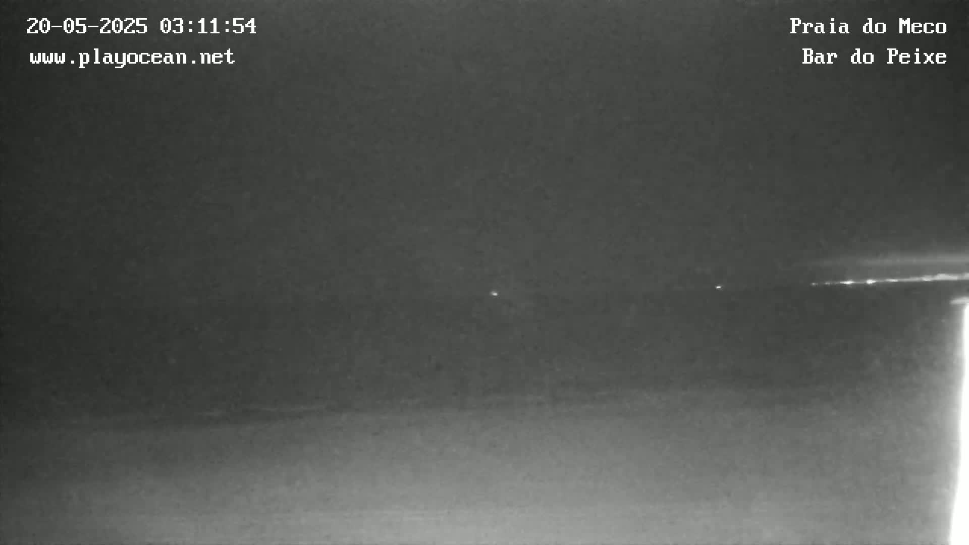 A nighttime long shot of a dark ocean with a faint, bright horizon line.