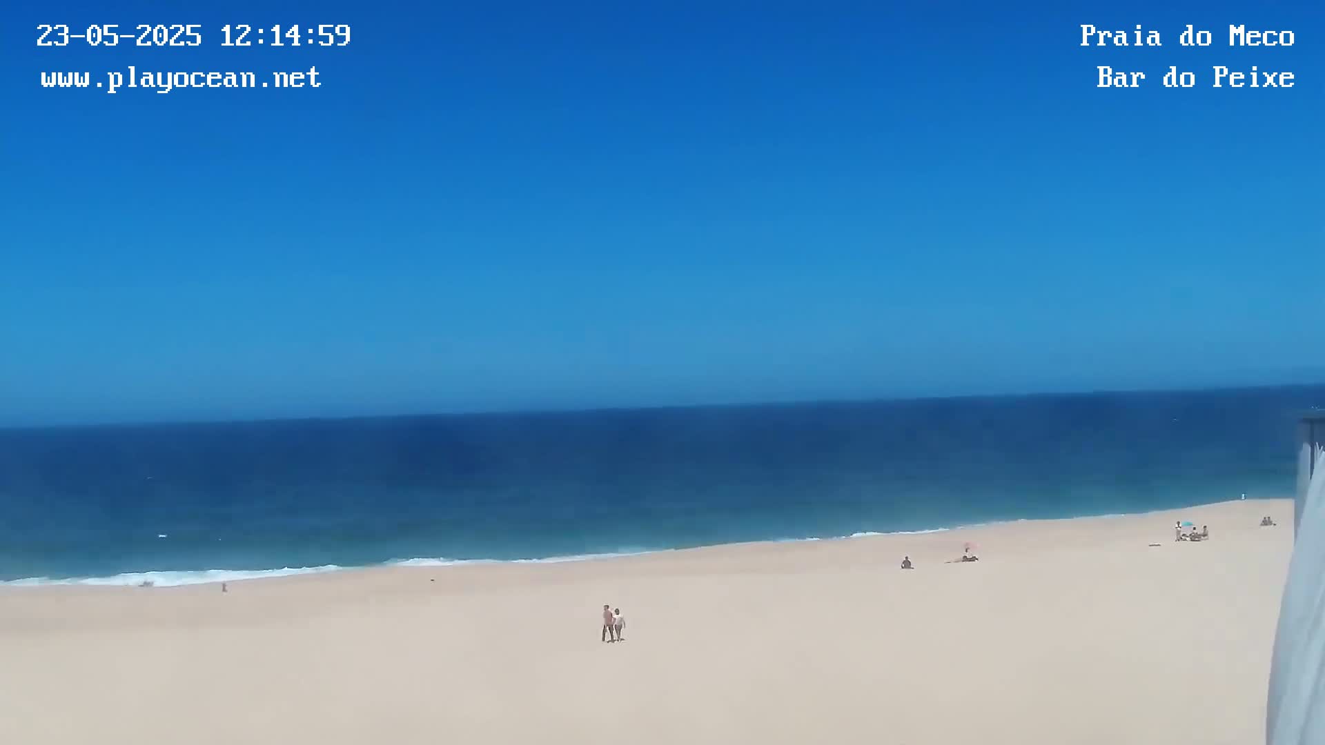 A sandy beach with a few people on it stretches to meet a calm, blue ocean under a clear, bright blue sky.