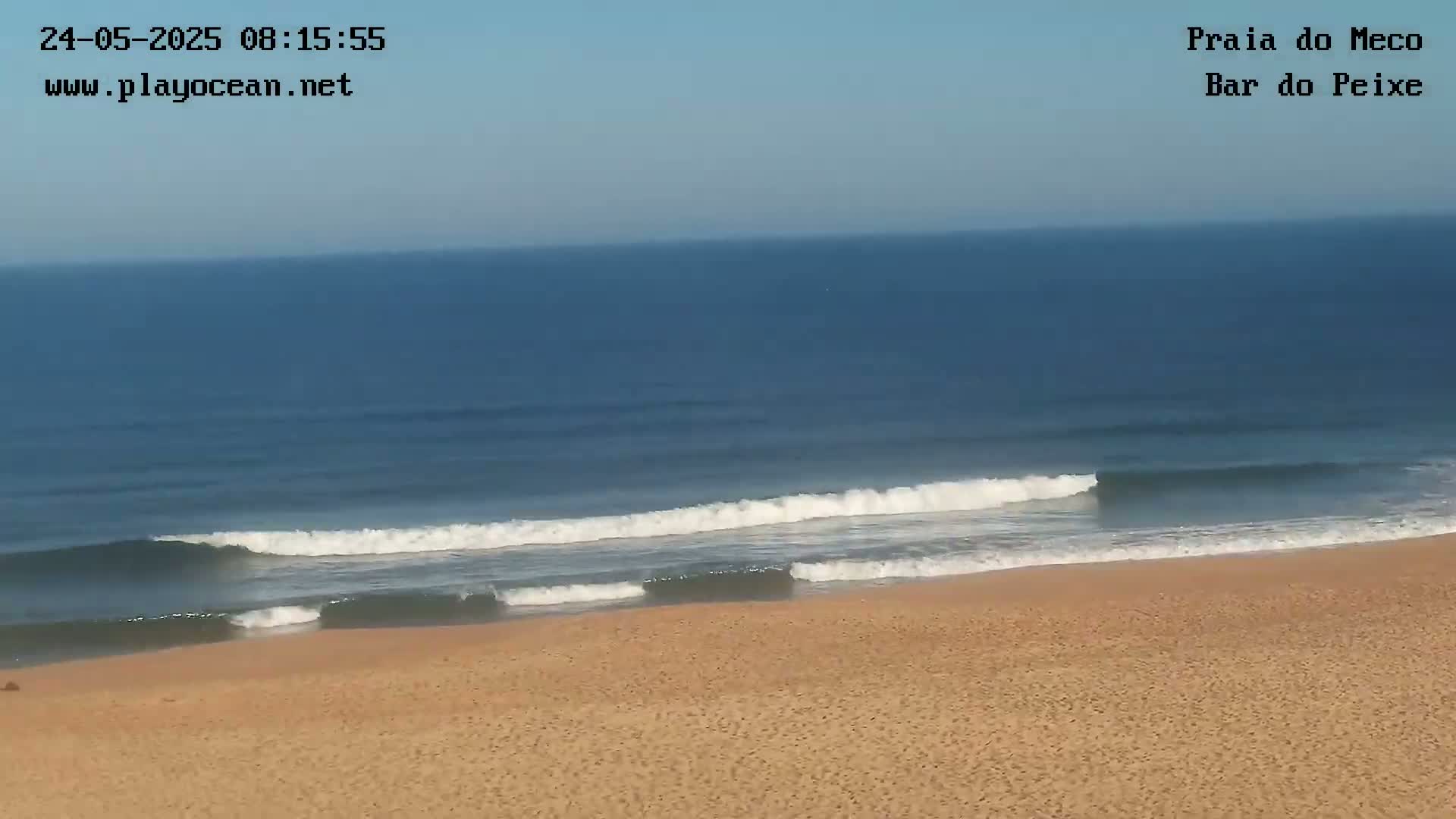 A sandy beach meets a calm ocean with small waves rolling onto the shore under a clear sky.