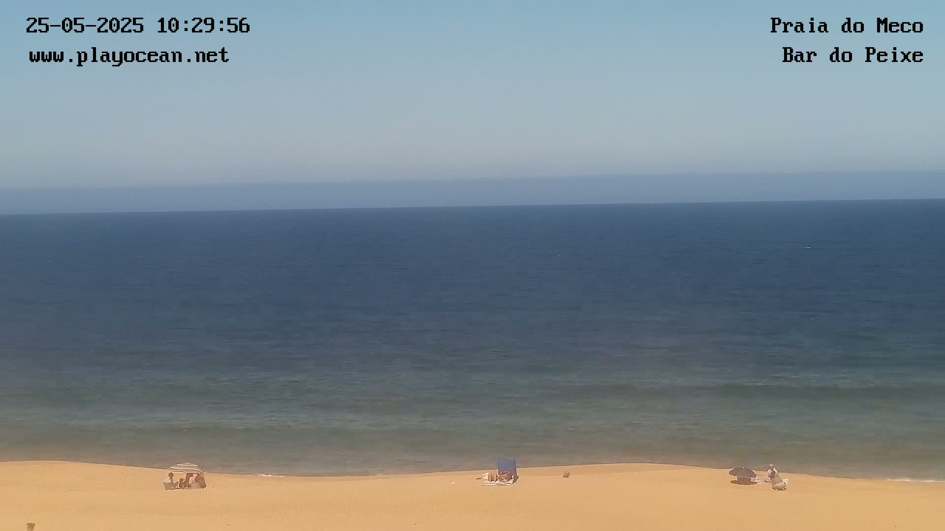 A sandy beach with a few people under umbrellas stretches along a calm, dark-blue ocean under a clear, bright sky.