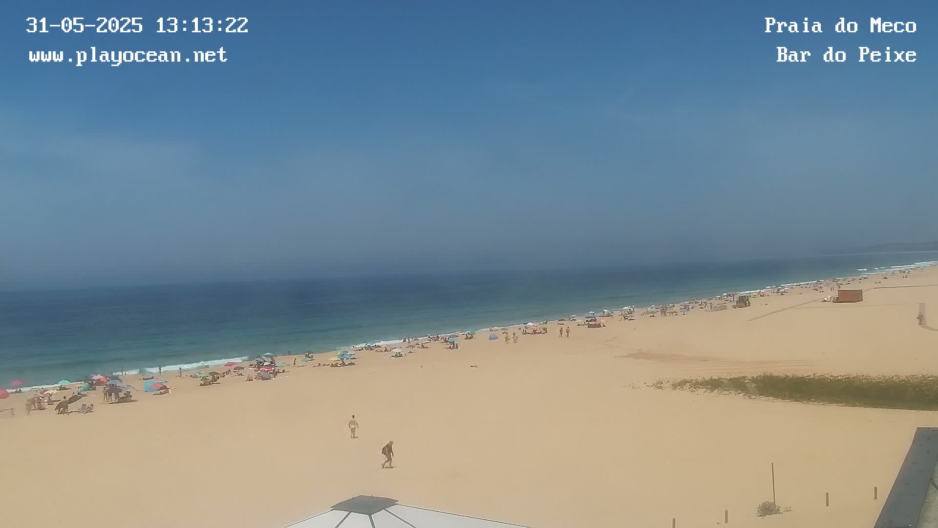 A sandy beach with numerous people scattered along the shore and in the water under a clear blue sky.
