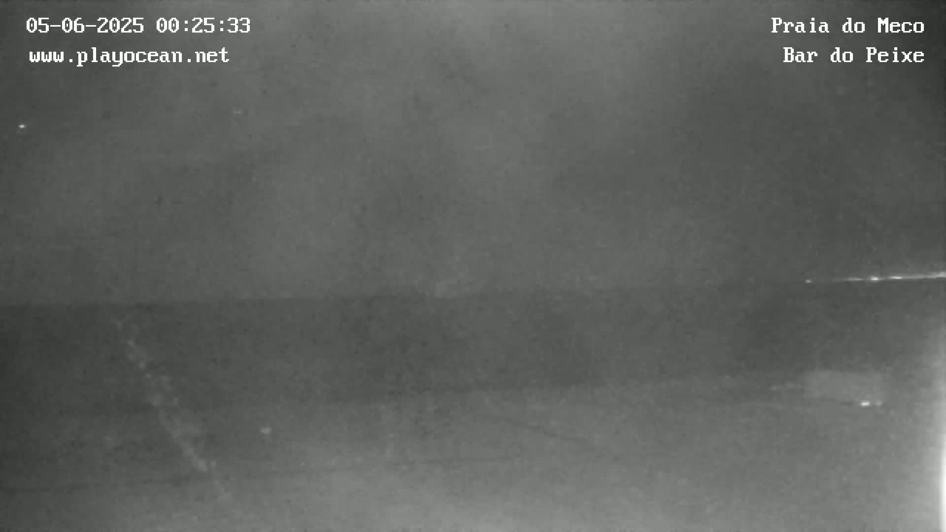 A low-light, nighttime image shows a dark, blurry beach scene with a faint horizon line.