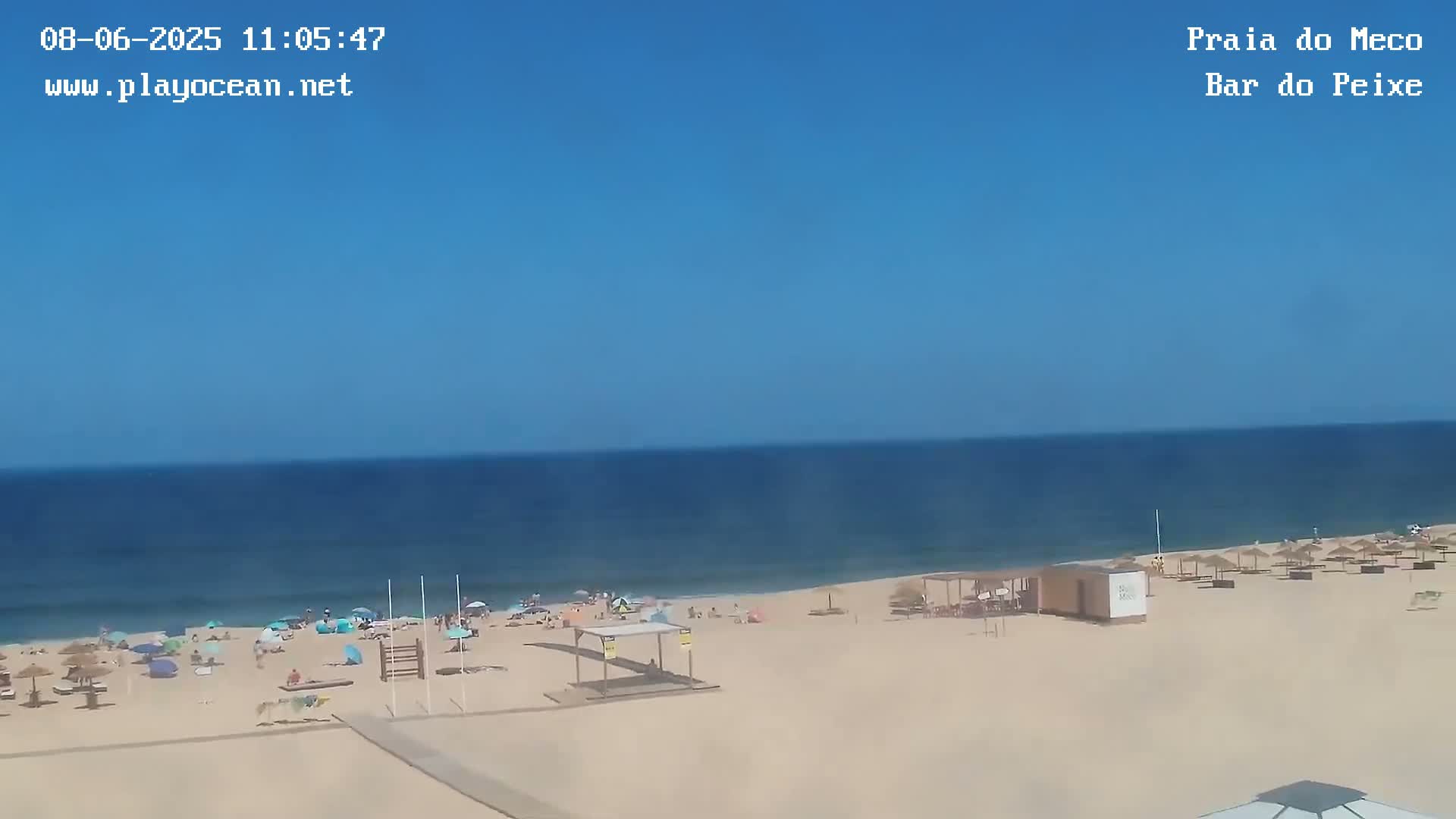 A sandy beach with scattered people and umbrellas under a clear blue sky and calm ocean.