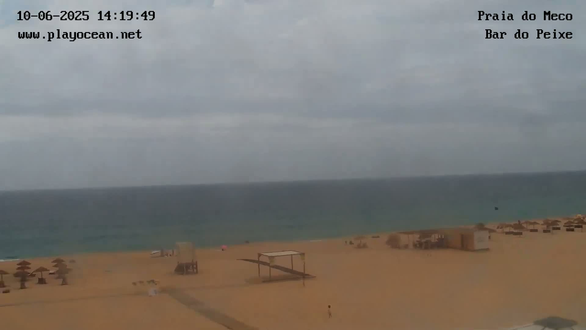 A mostly cloudy day reveals a wide, sandy beach with a few structures and umbrellas, overlooking a calm ocean.