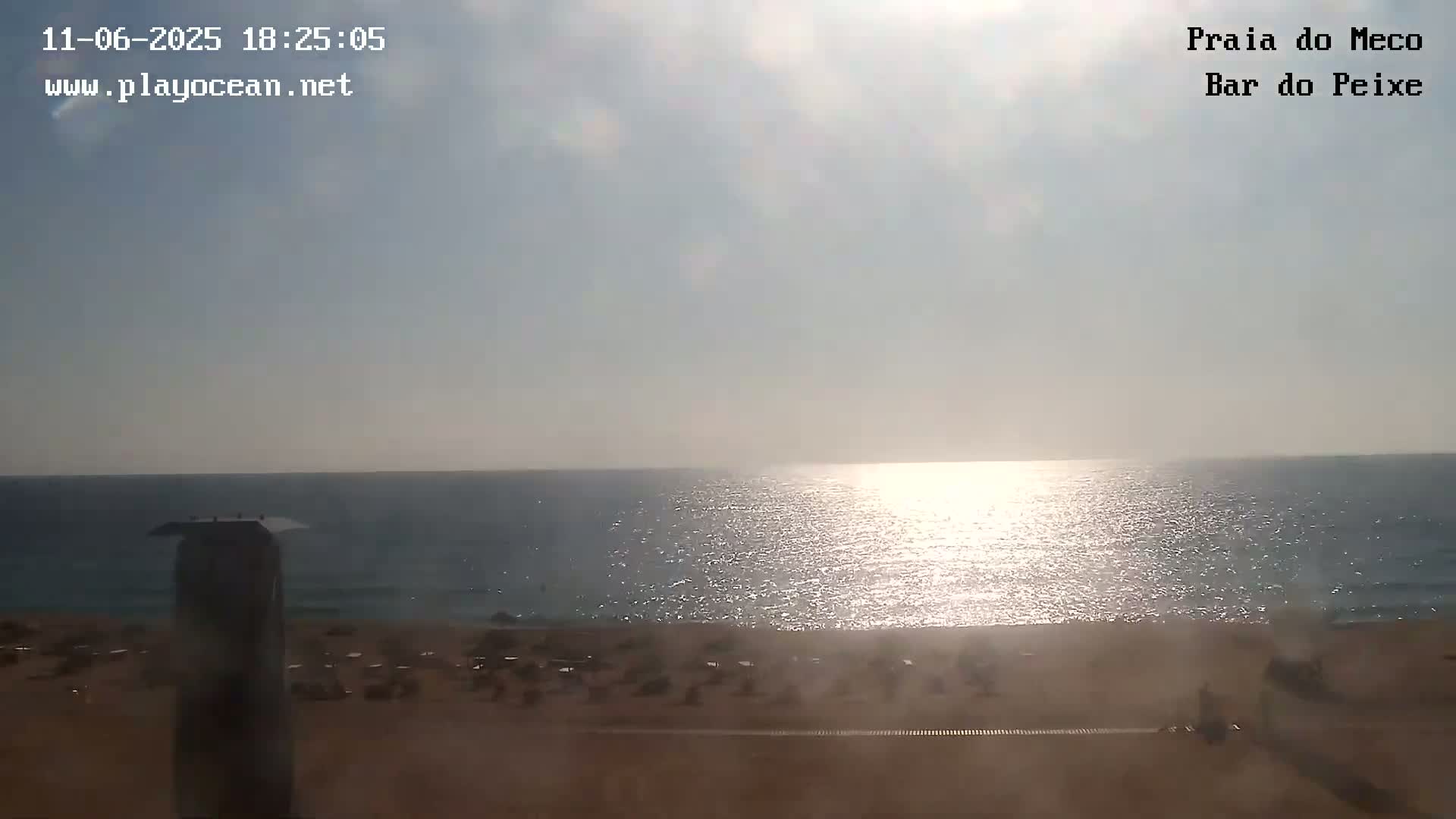 A mostly sunny day reveals a calm ocean reflecting sunlight, with a sandy beach sparsely populated by people in the foreground.