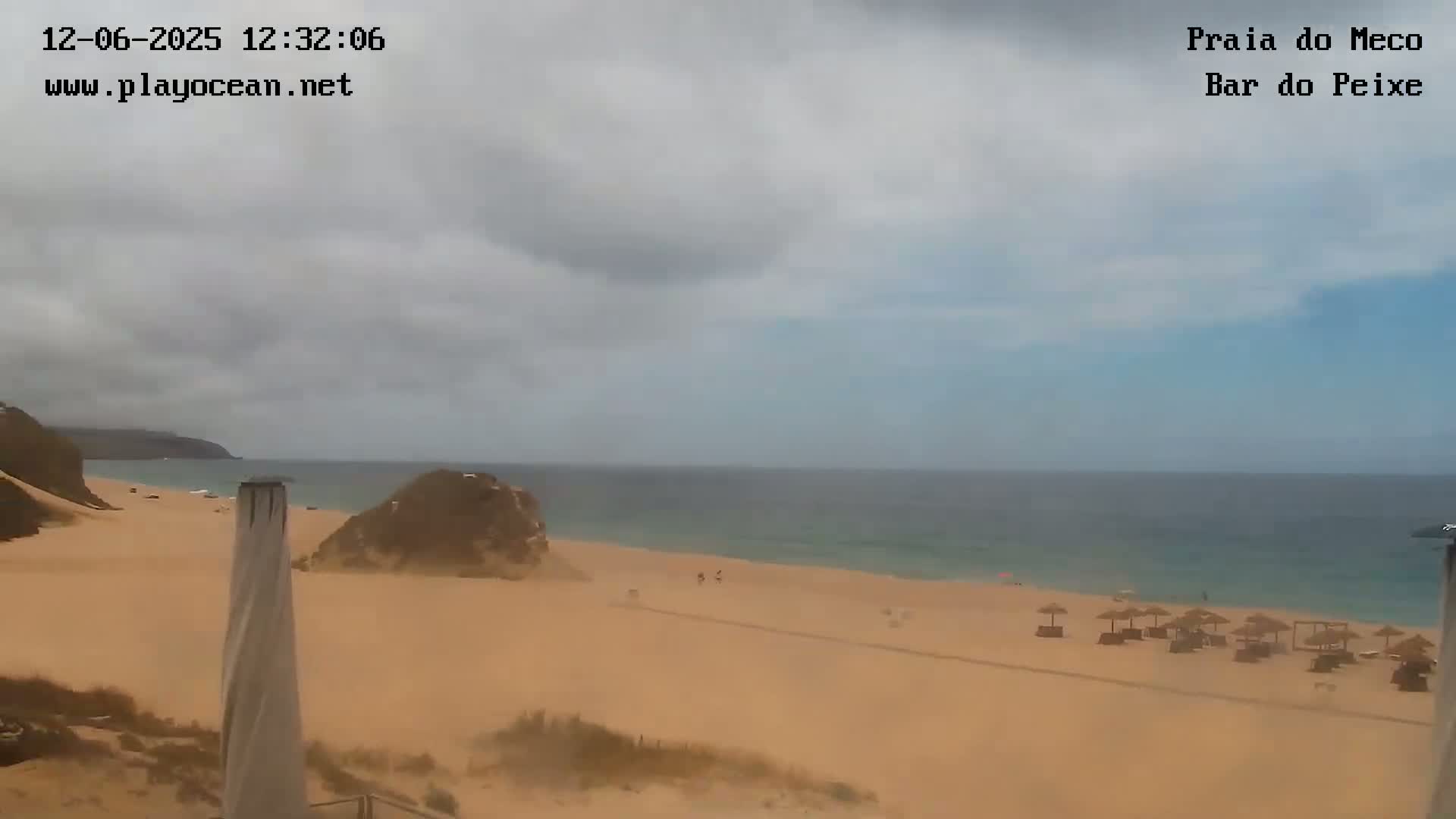 A mostly cloudy day at a sandy beach with calm ocean waters and a few people and beach umbrellas visible.