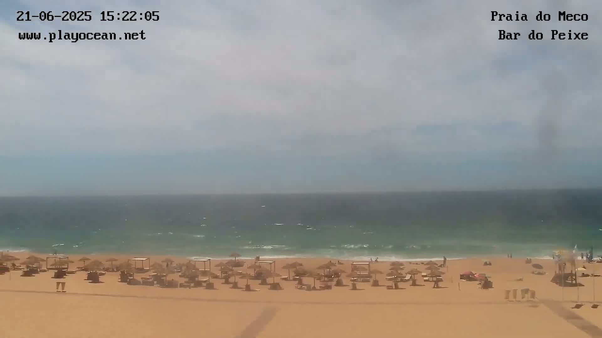A mostly sunny day at a beach shows a sandy shore with several umbrellas and beach chairs, and a calm ocean with small waves in the distance.