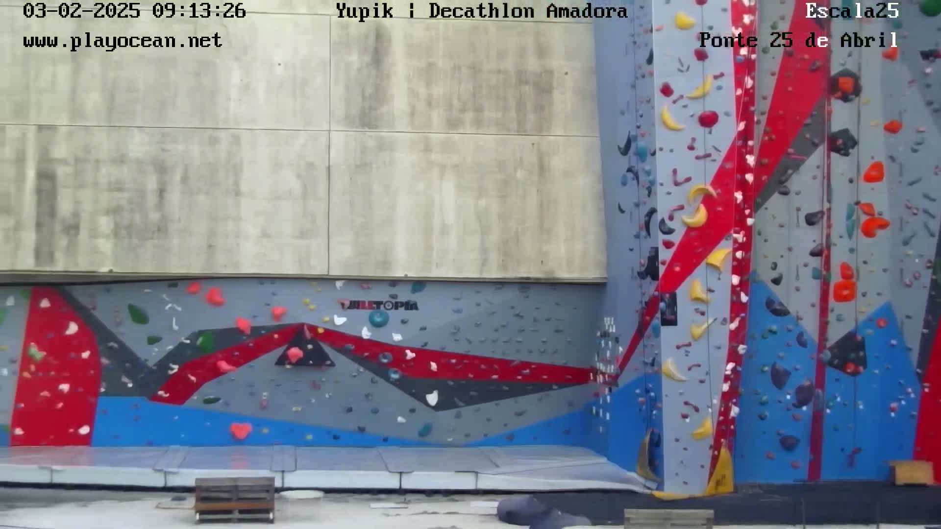 An outdoor climbing wall with various colored holds is shown on a building.