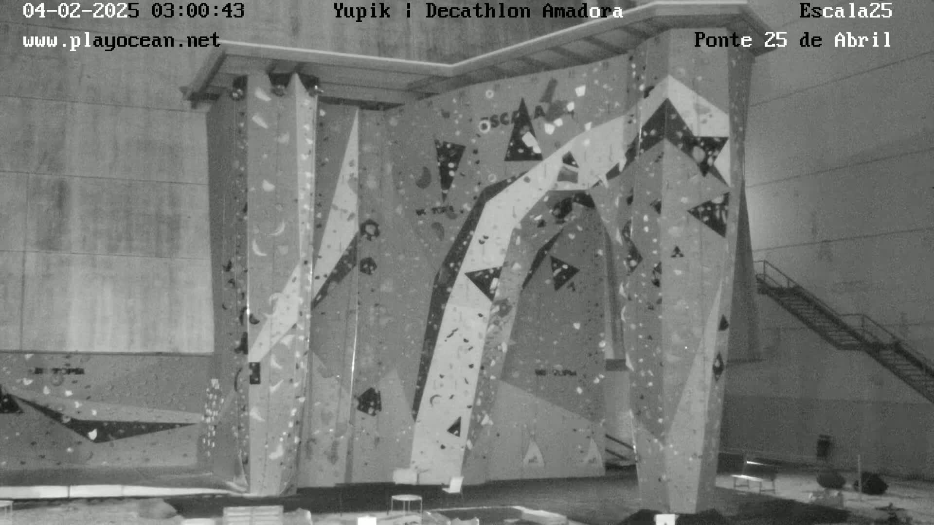 A large indoor climbing wall with various colored holds is shown in a black and white image.