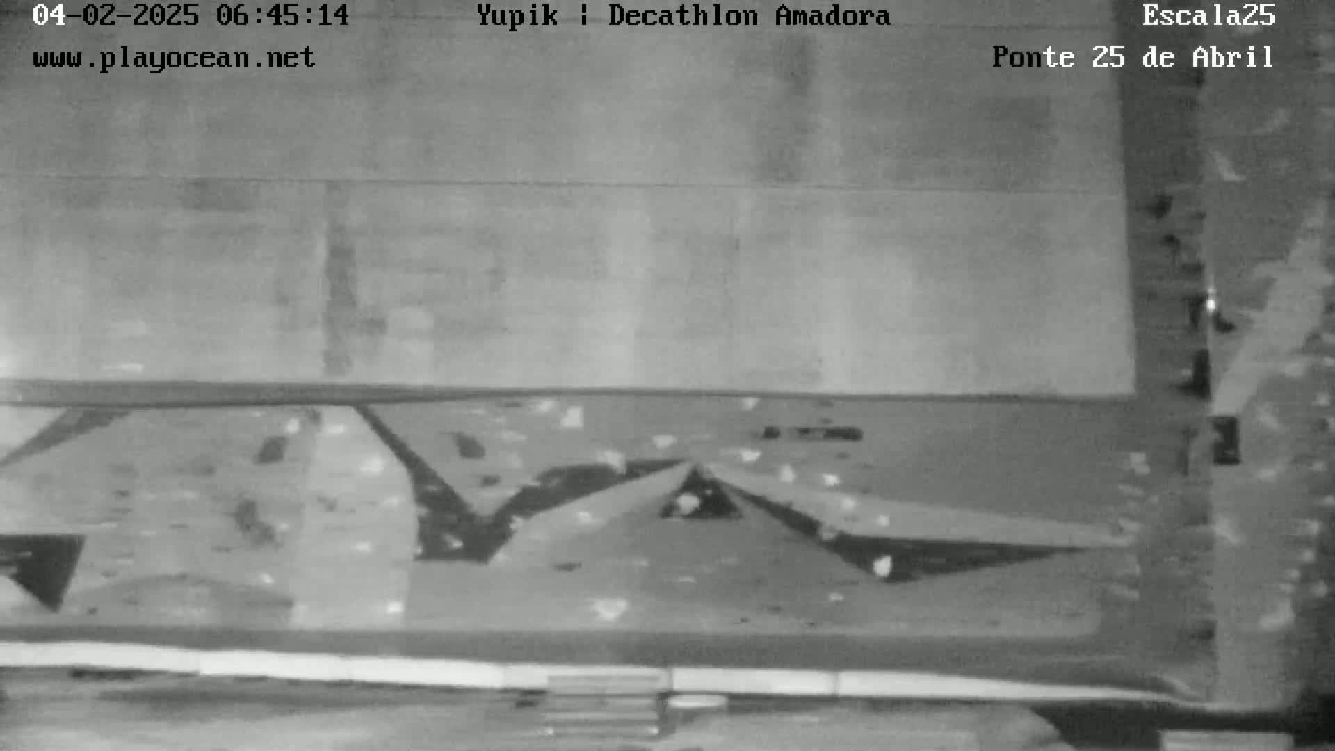 A grainy, black-and-white image shows a low-resolution view of an abstract design on a wall.